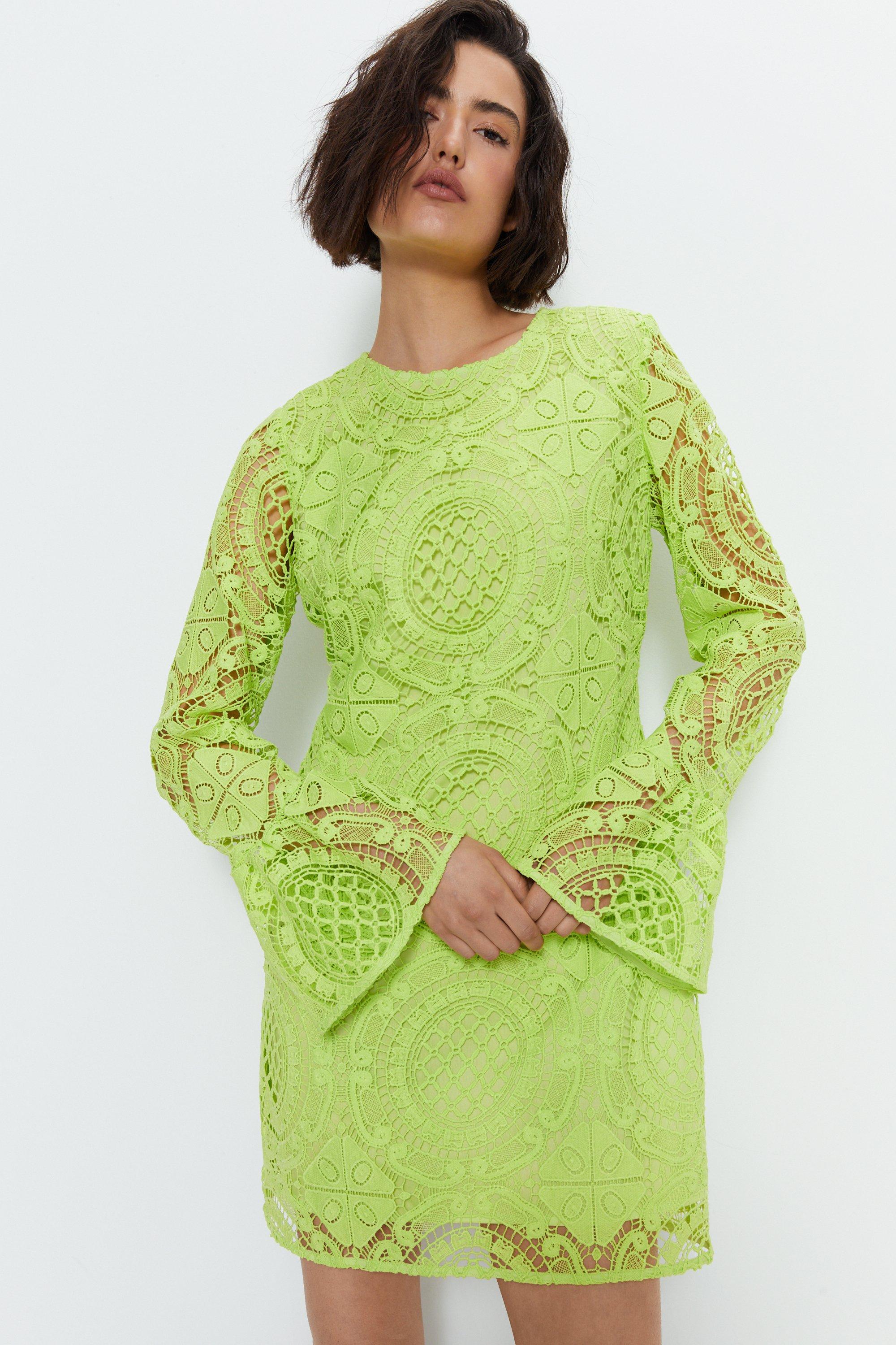 Womens Lace Flute Sleeve Mini Dress - lime