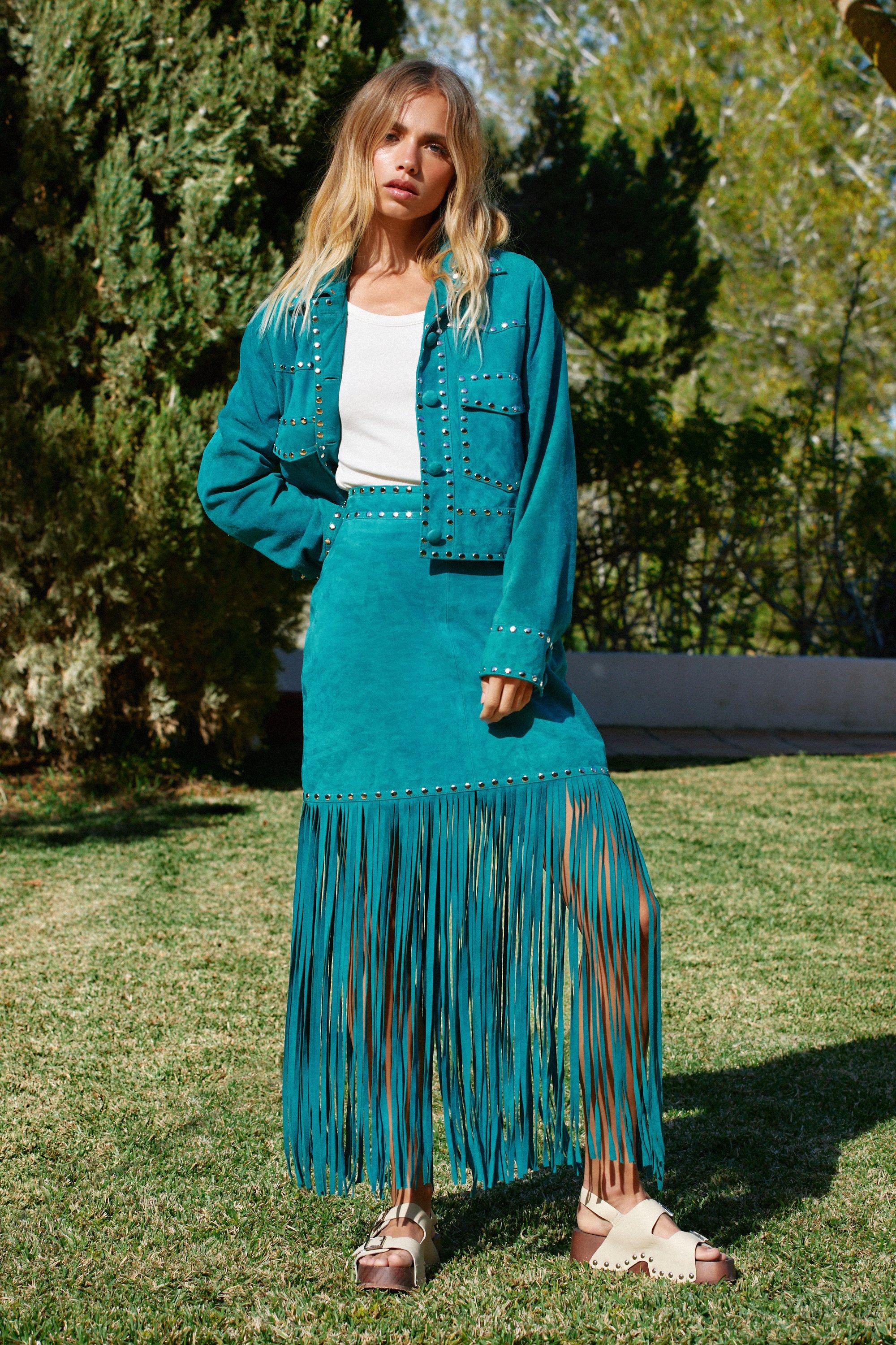 Womens Real Suede Studded Fringe Skirt - turquoise