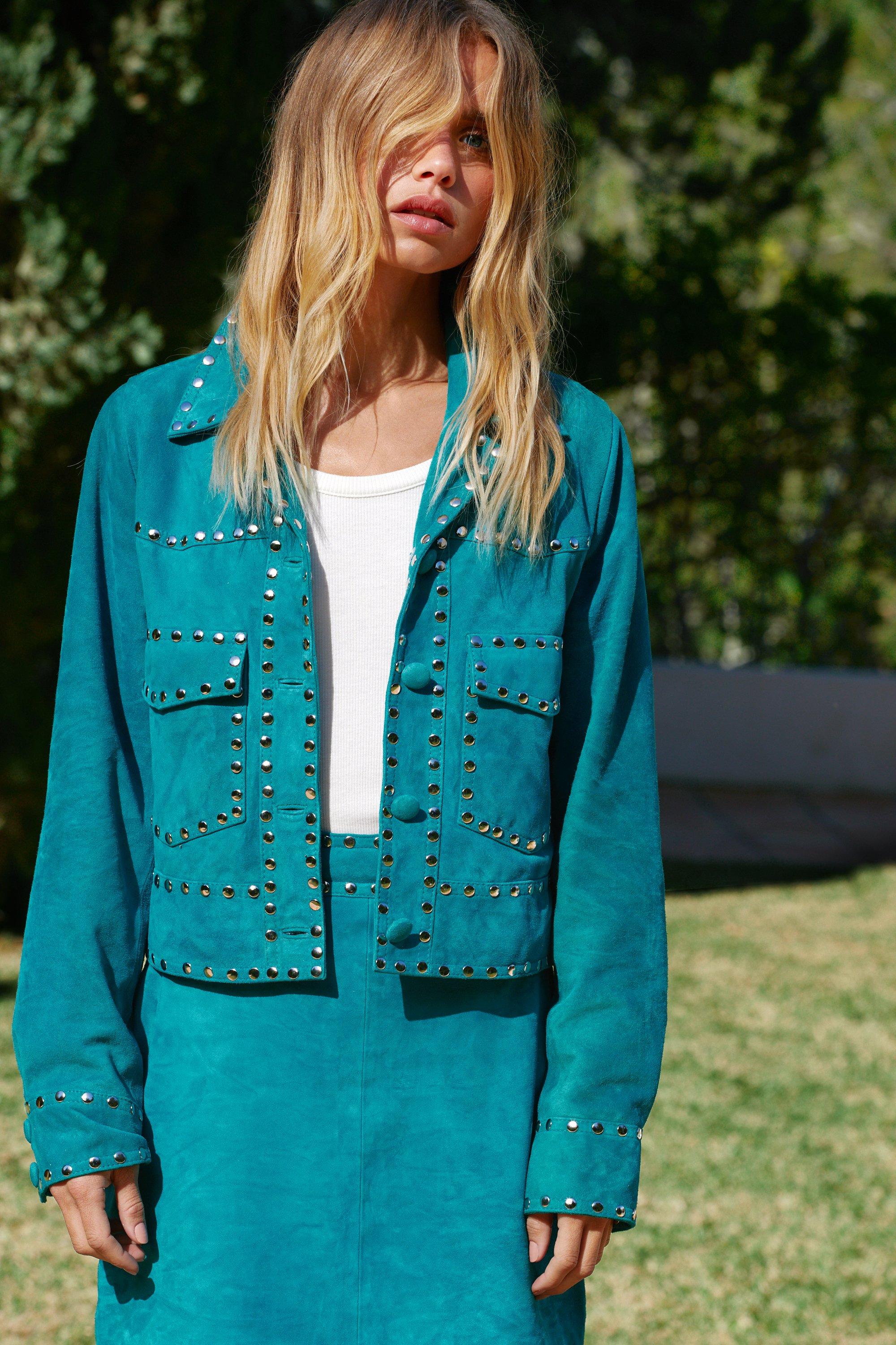 Womens Real Suede Studded Cropped Jacket - turquoise