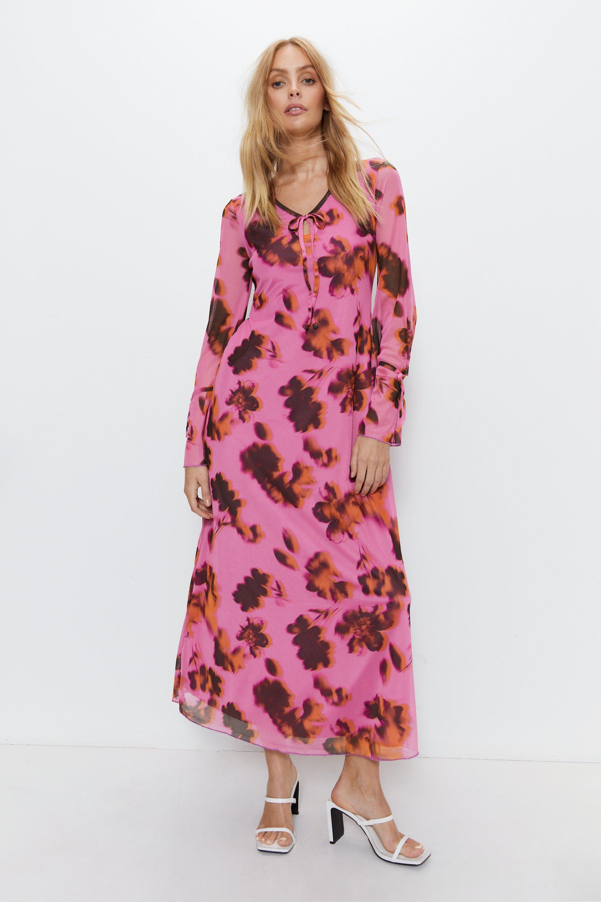 Womens Floral Print Tie Front Flute Sleeve Midi Dress - pink