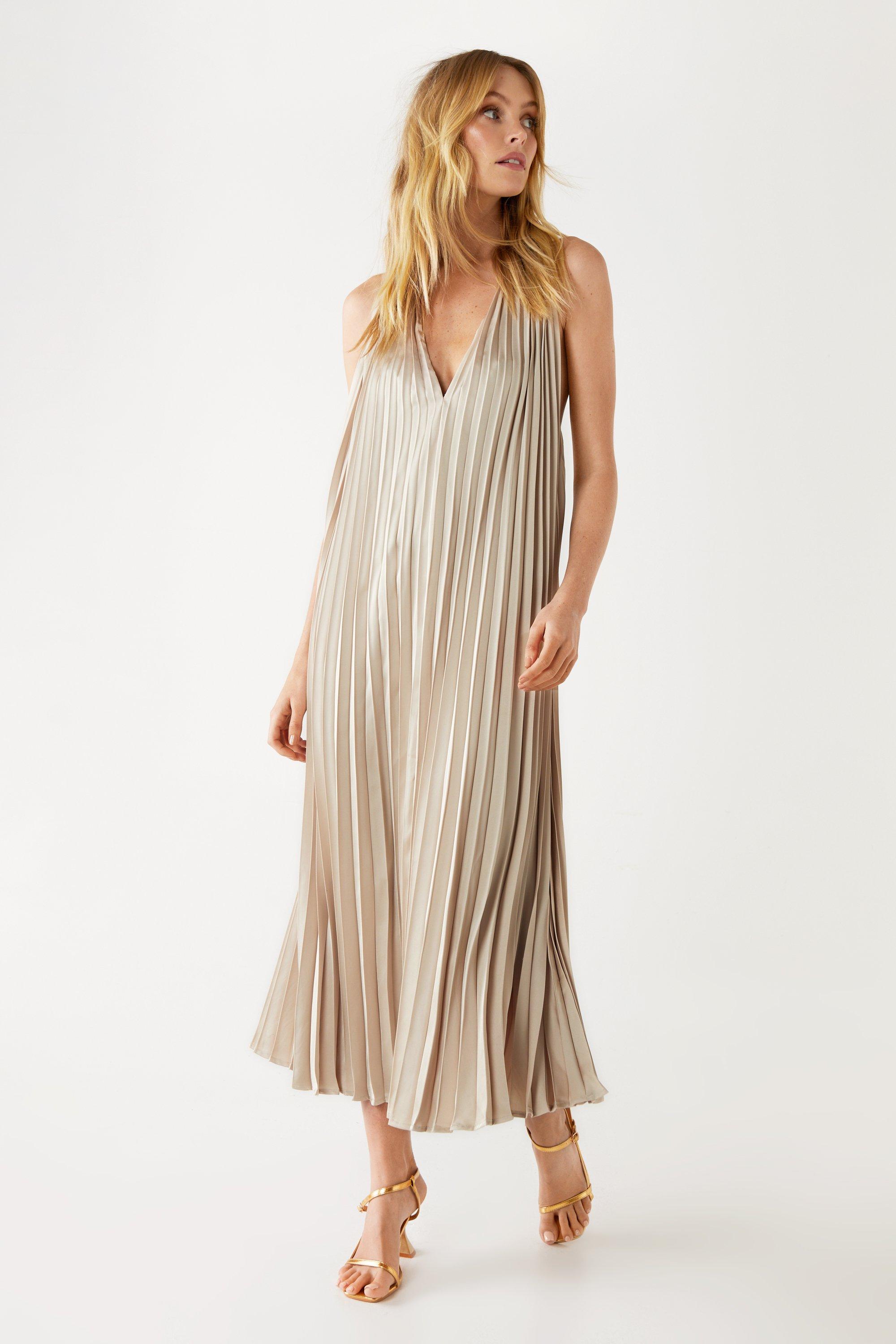 Womens Pleated Halterneck Maxi Dress - champagne