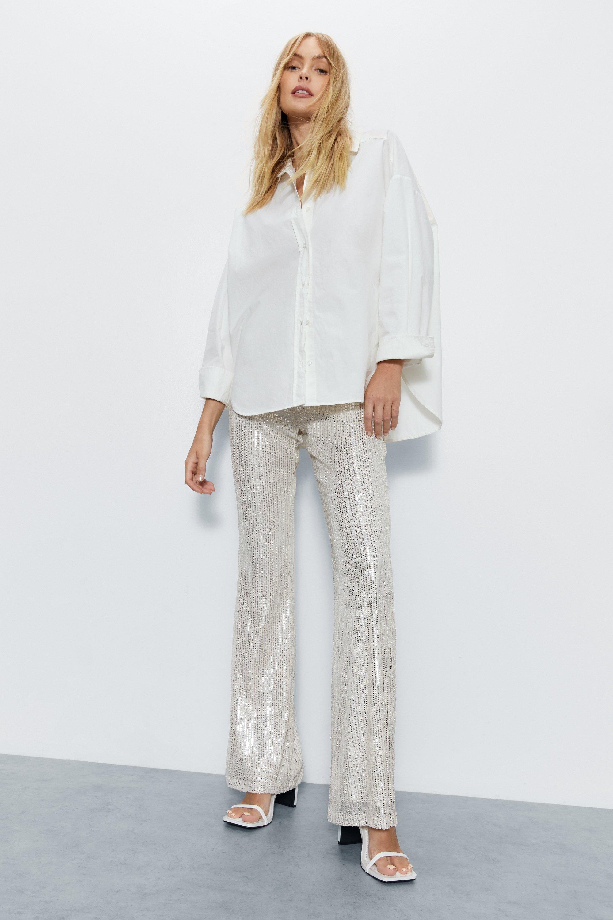 Womens Sequin Flared Pants - silver