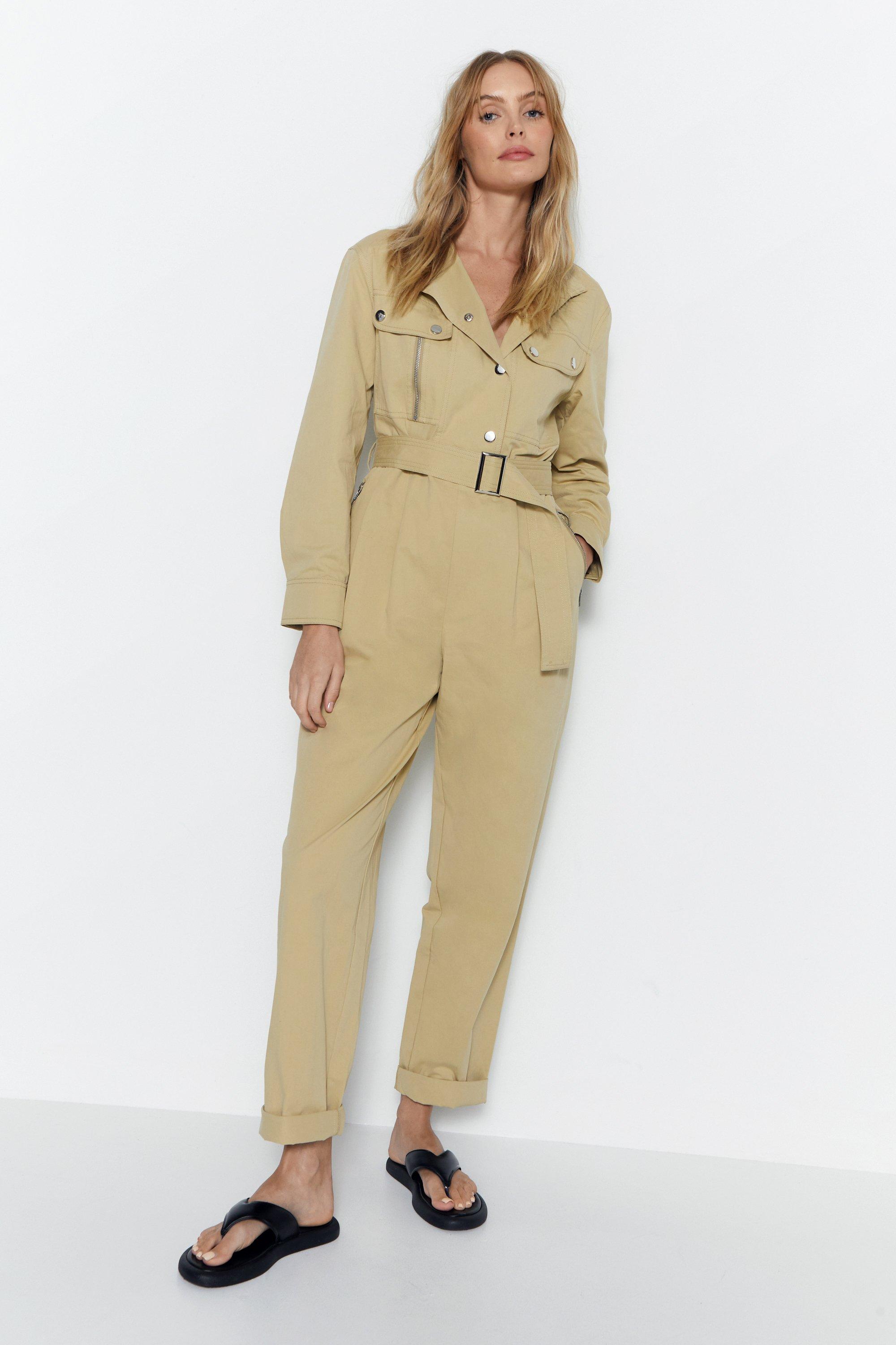 Womens Petite Twill High Neck Belted Utility Boilersuit - sand