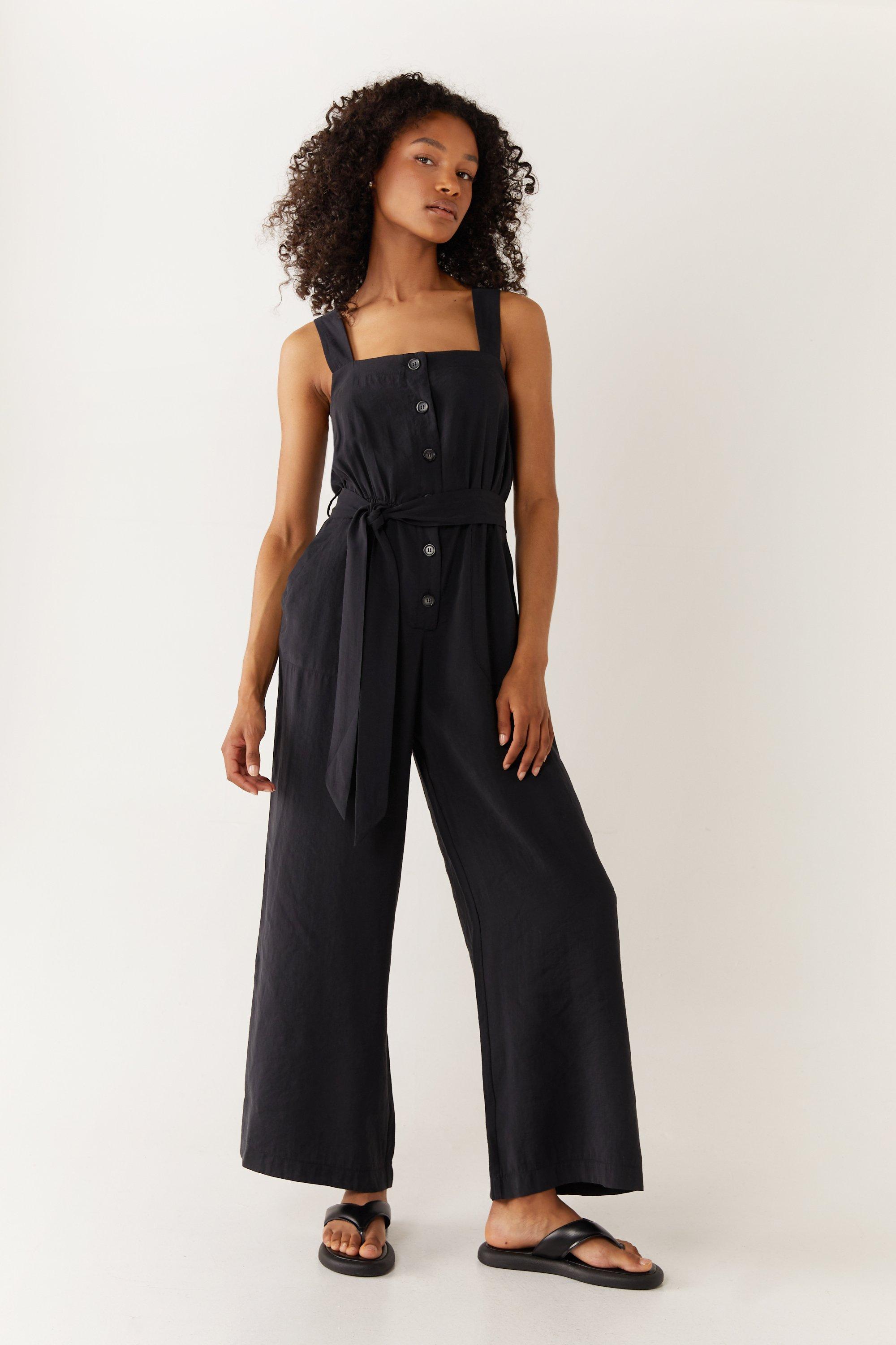Womens Belted Button Through Utility Jumpsuit - black