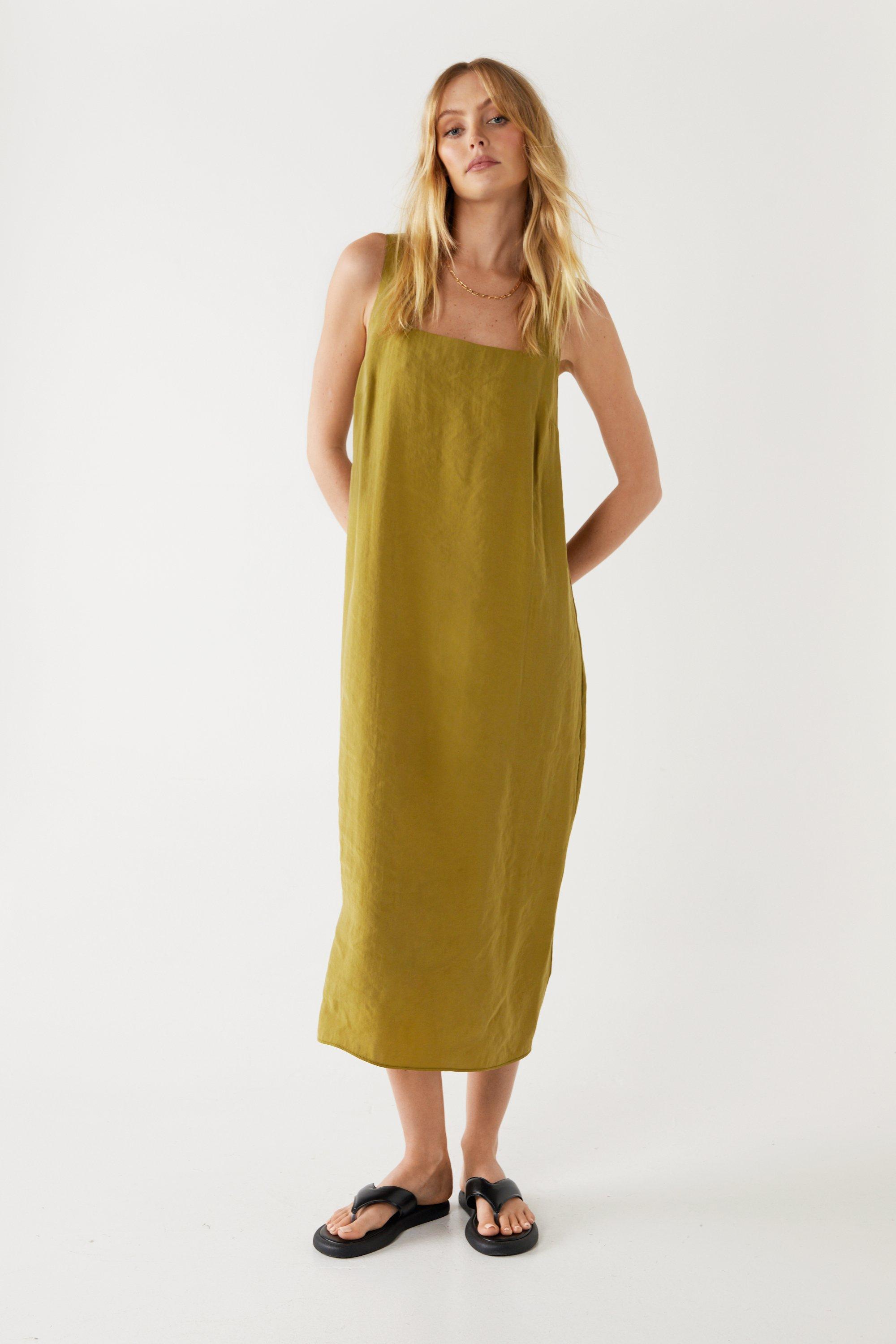 Womens Strappy Square Neck Textured Midi Dress - khaki