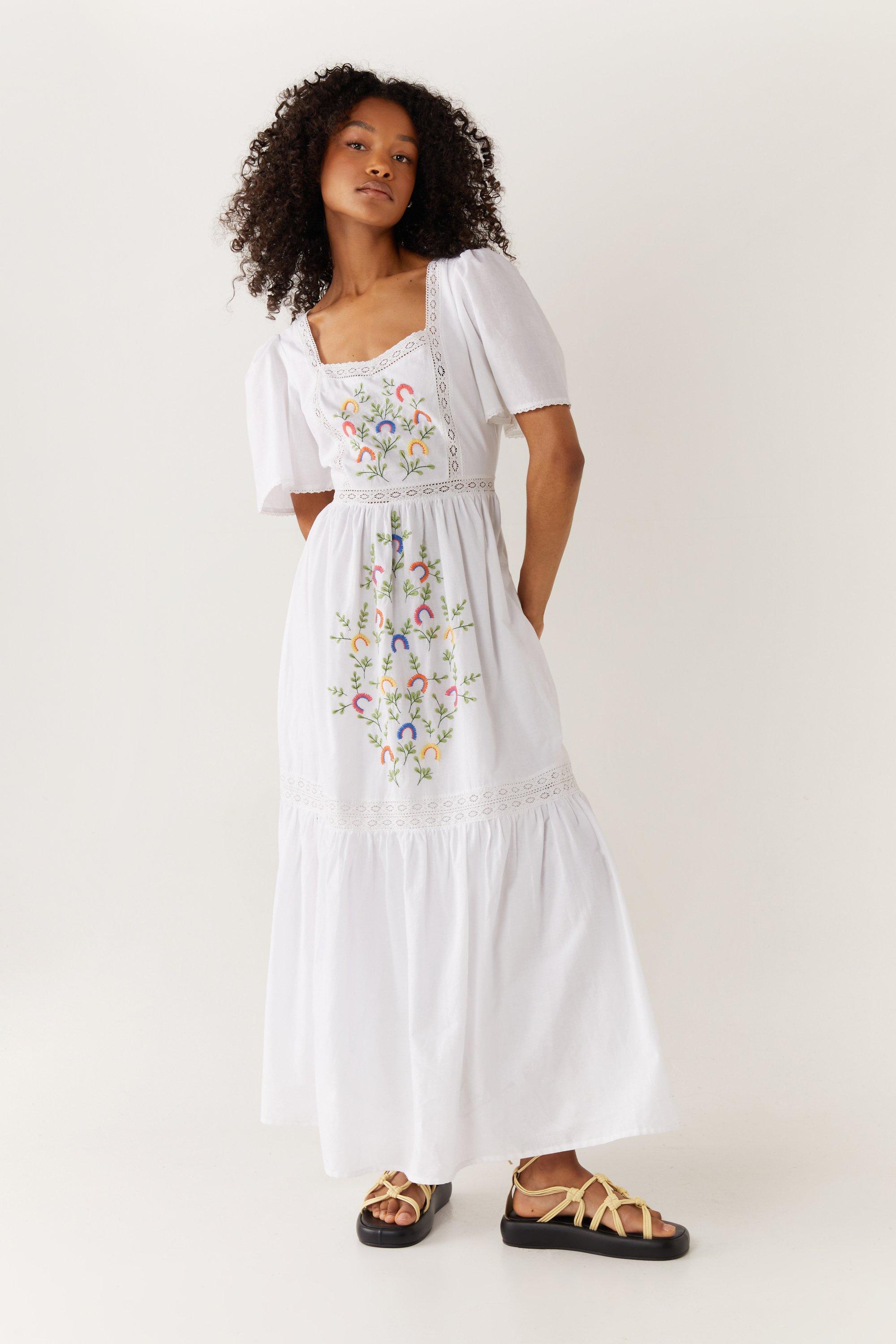 White floral embroidered maxi hot sale dress