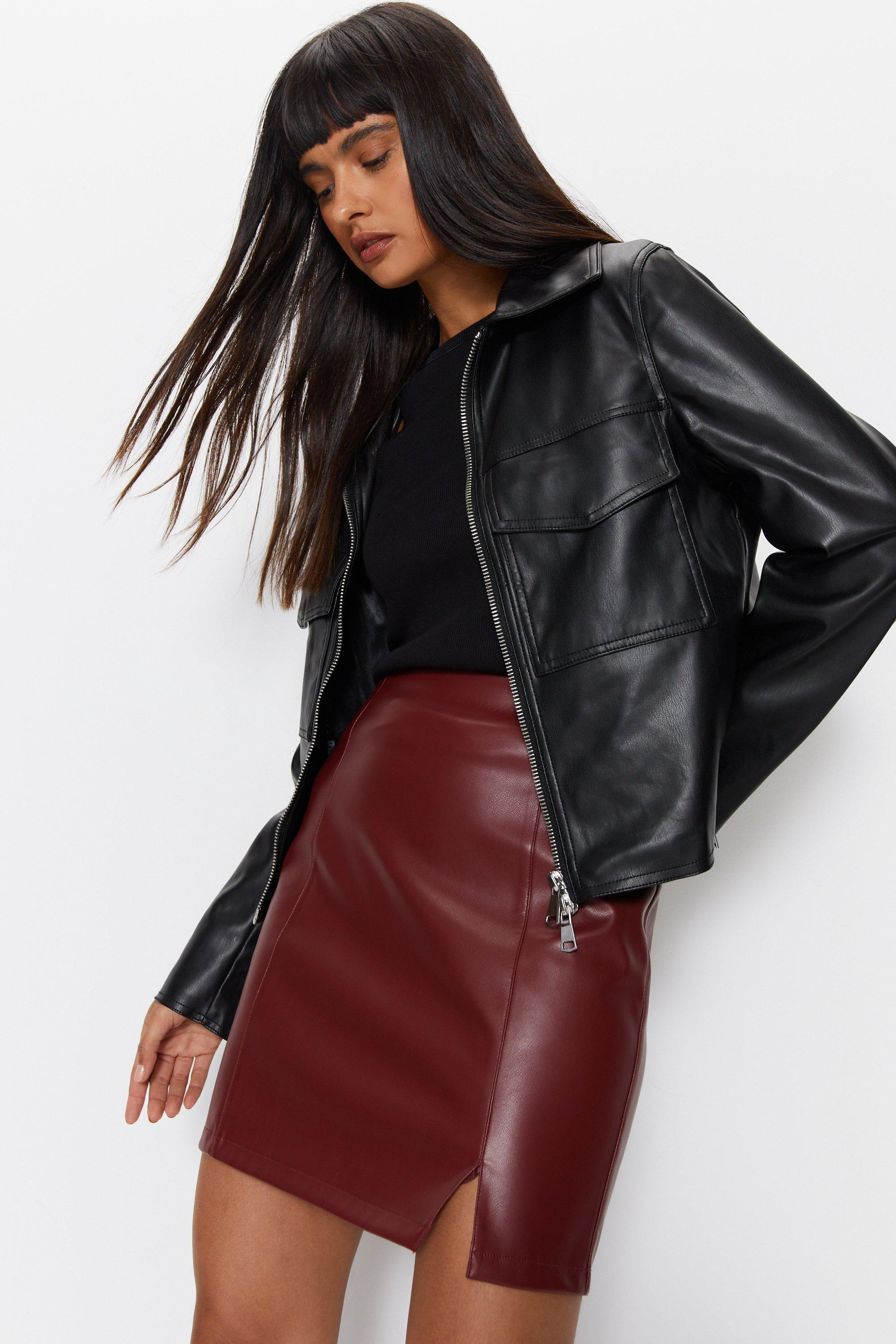 Womens Faux Leather Mini Skirt - oxblood
