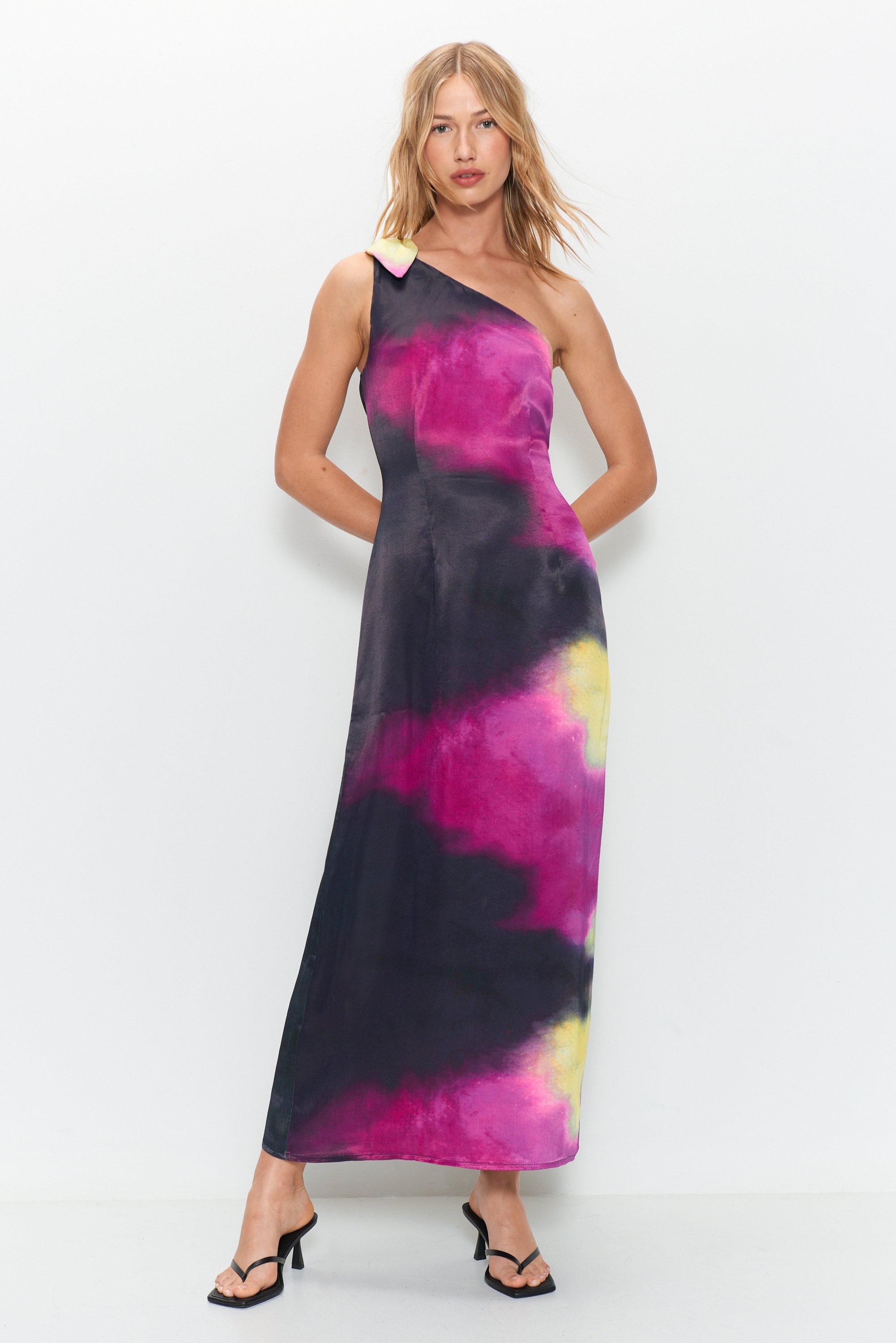 Womens Premium Satin Tie Dye One Shoulder Maxi Dress - multi