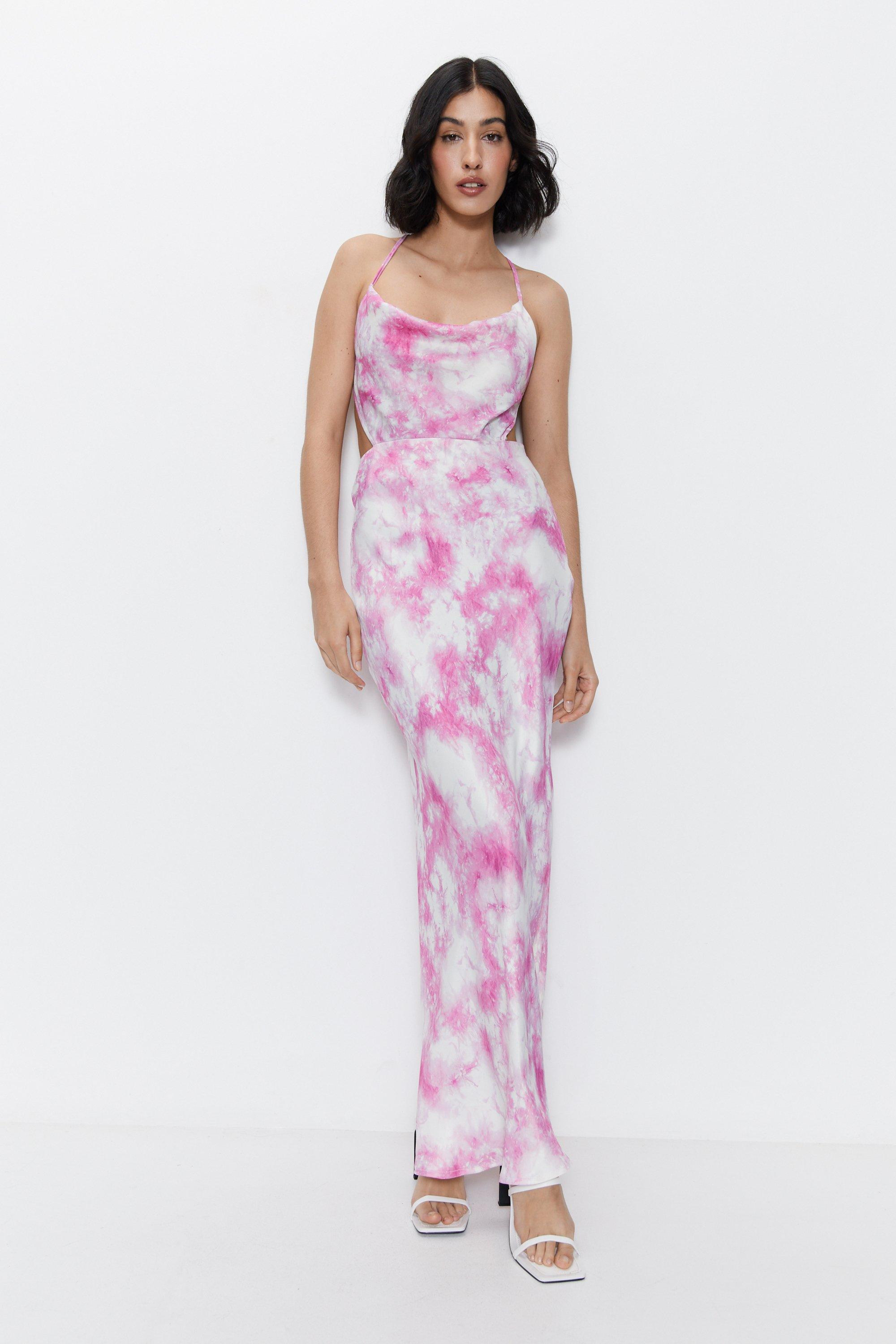 Womens Premium Satin Tie Dye Strappy Back Maxi Dress - pink