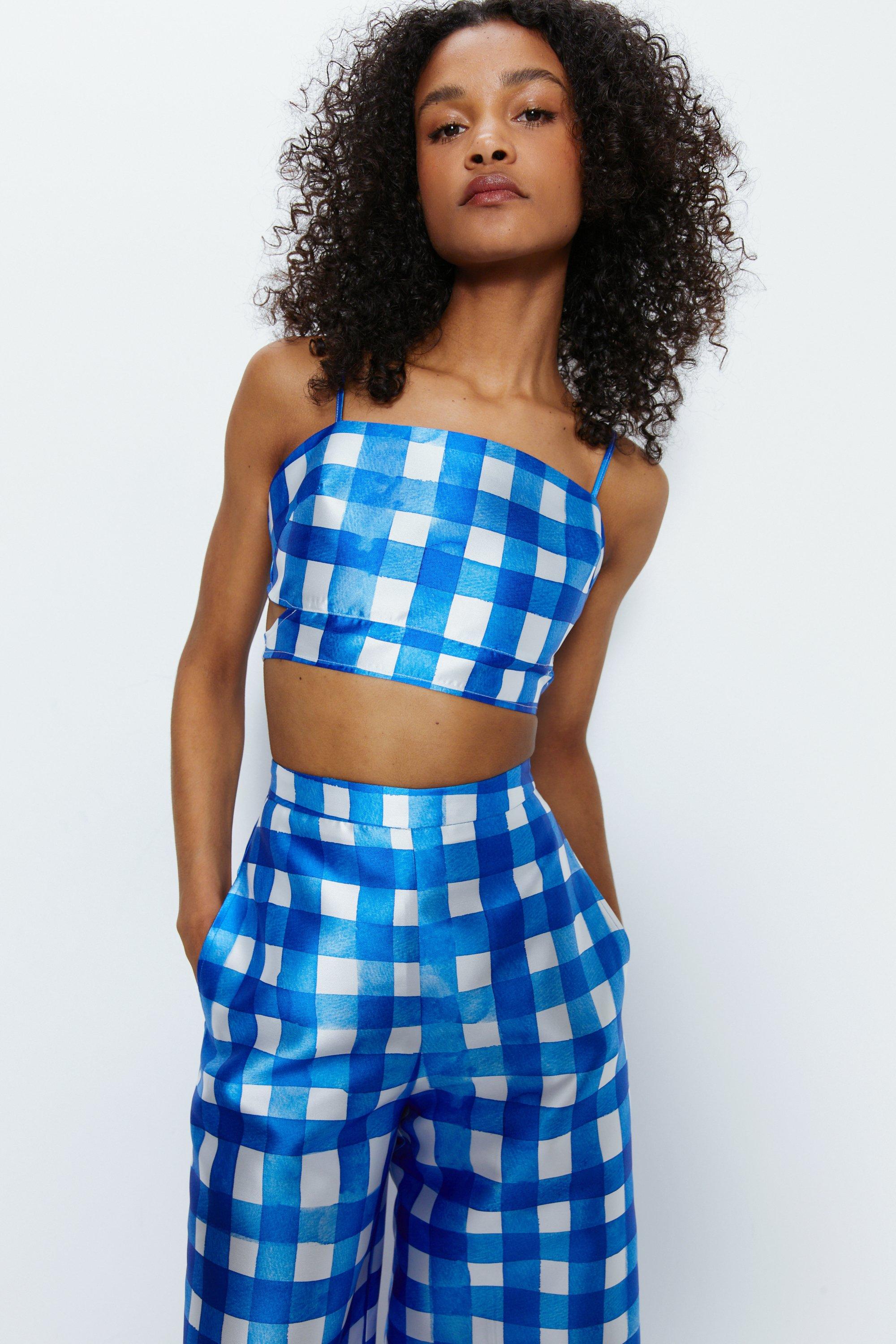 Womens Gingham Satin Twill Tailored Top - blue