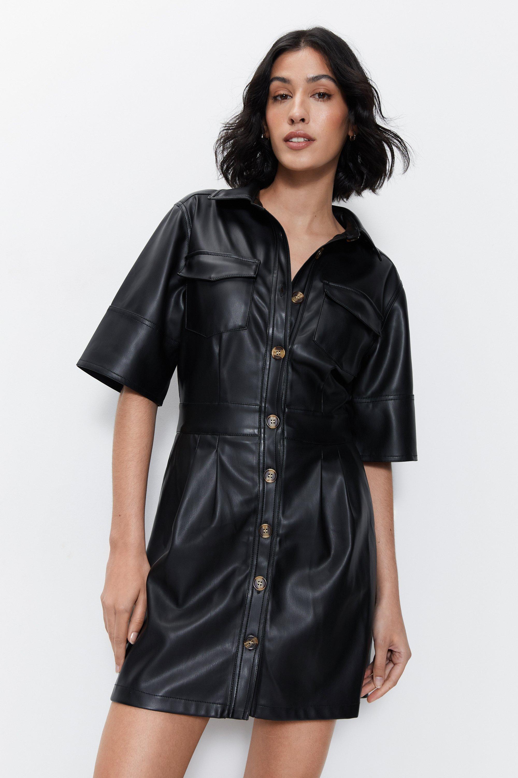 Womens Faux Leather Mini Dress - black