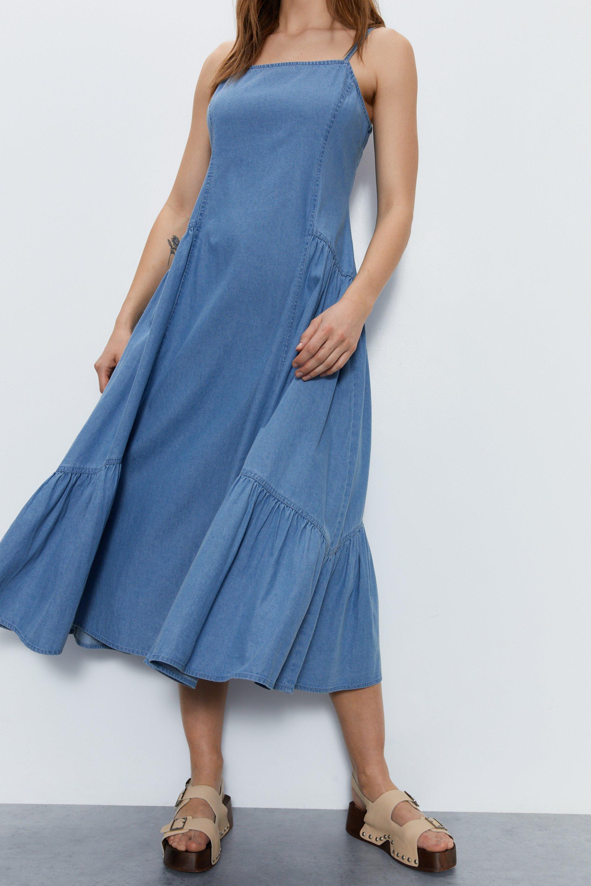 Womens Chambray Denim Strappy Maxi Dress - mid blue