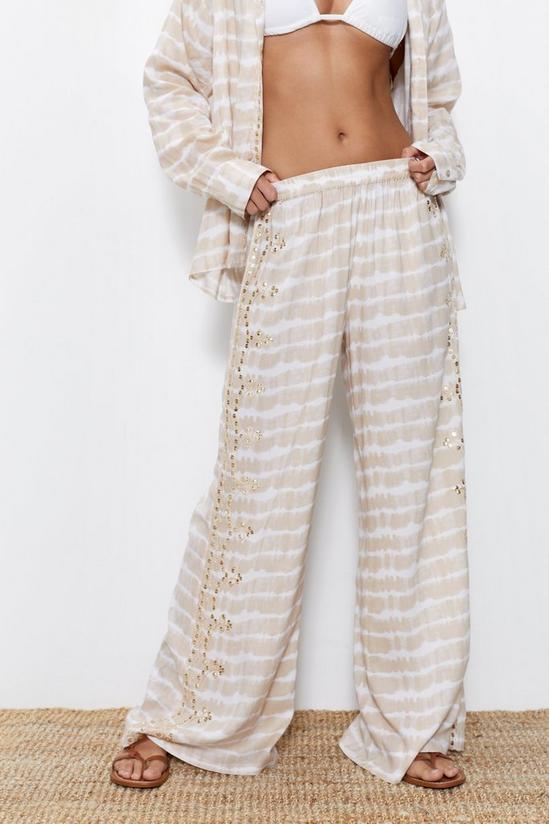 Warehouse Viscose Tie Dye Sequin Embroidered Wide Leg Beach Pants 3