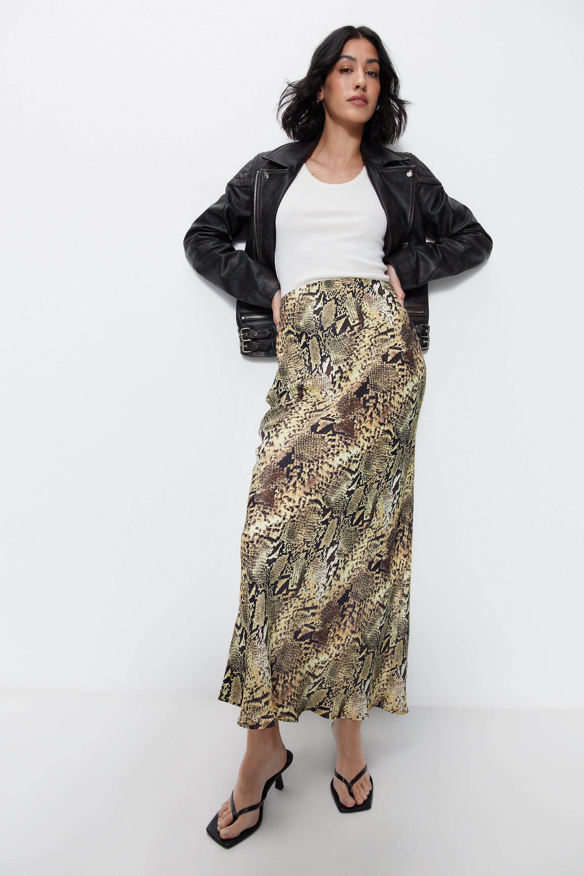 Womens Snake Print Premium Satin Bias Maxi Skirt - black