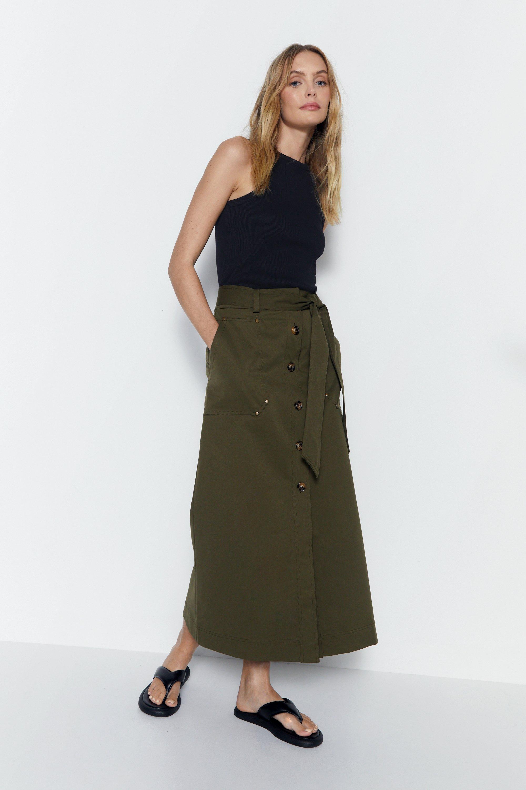 Womens Button Detail Tie Up Midi Skirt - khaki