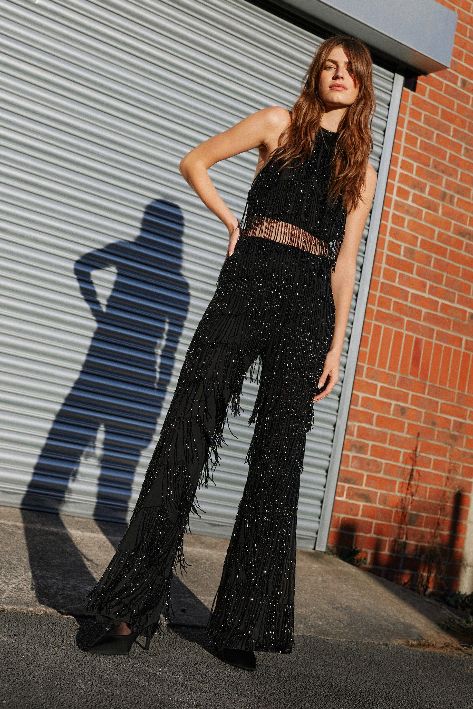 Womens Tassel Beaded Relaxed Fit Trousers - black