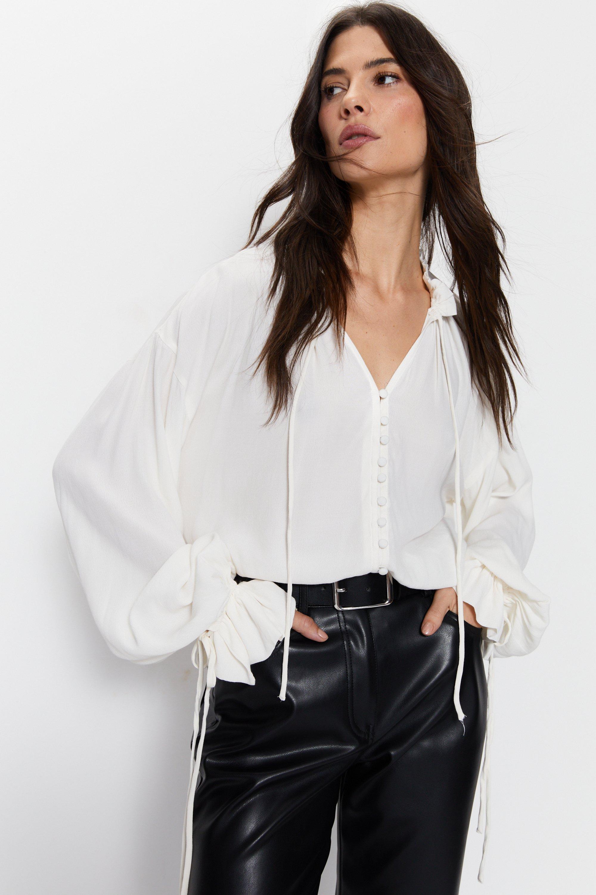 Womens Button Front Volume Sleeve Shirt - ivory