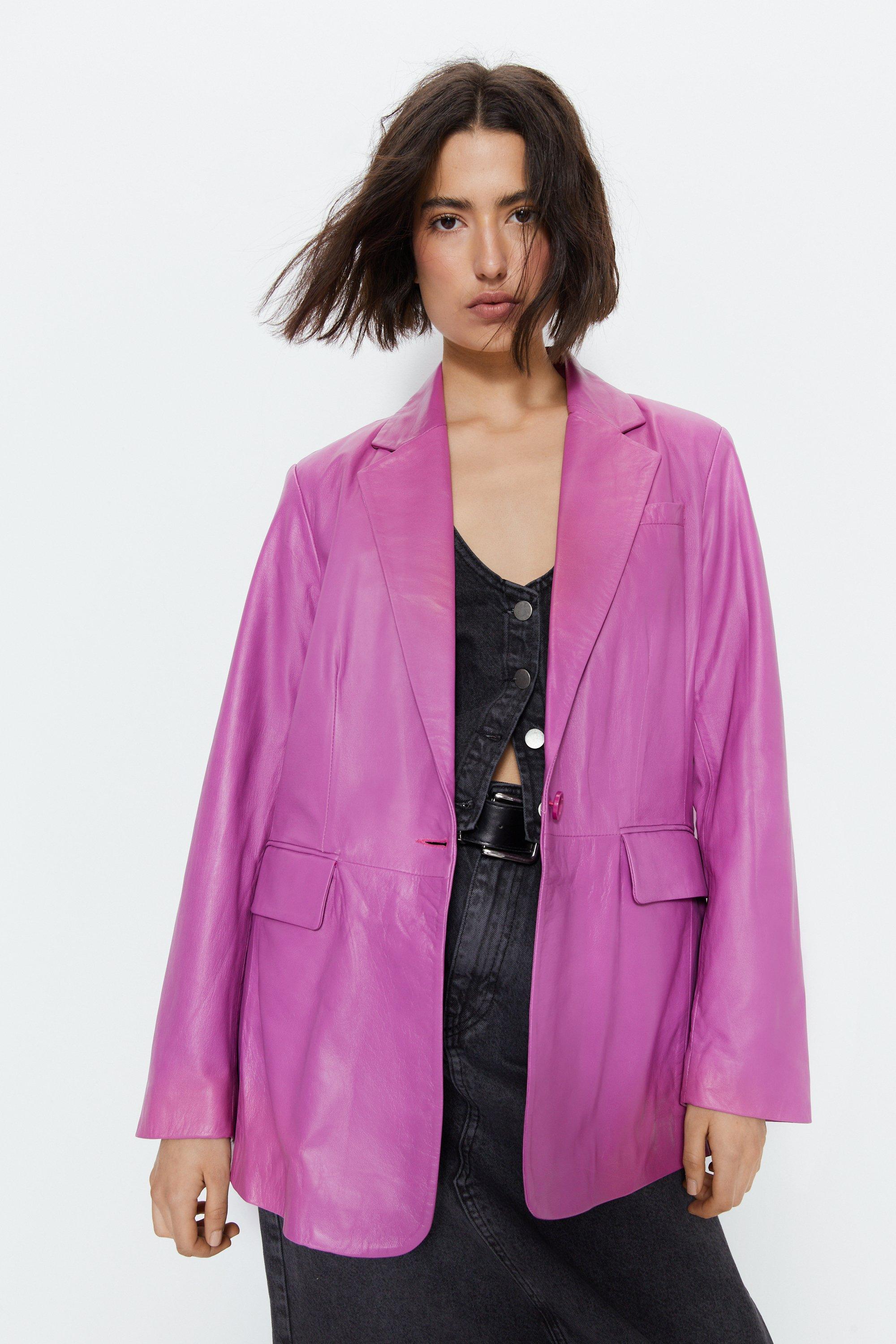 Womens Real Leather Oversized Blazer - pink
