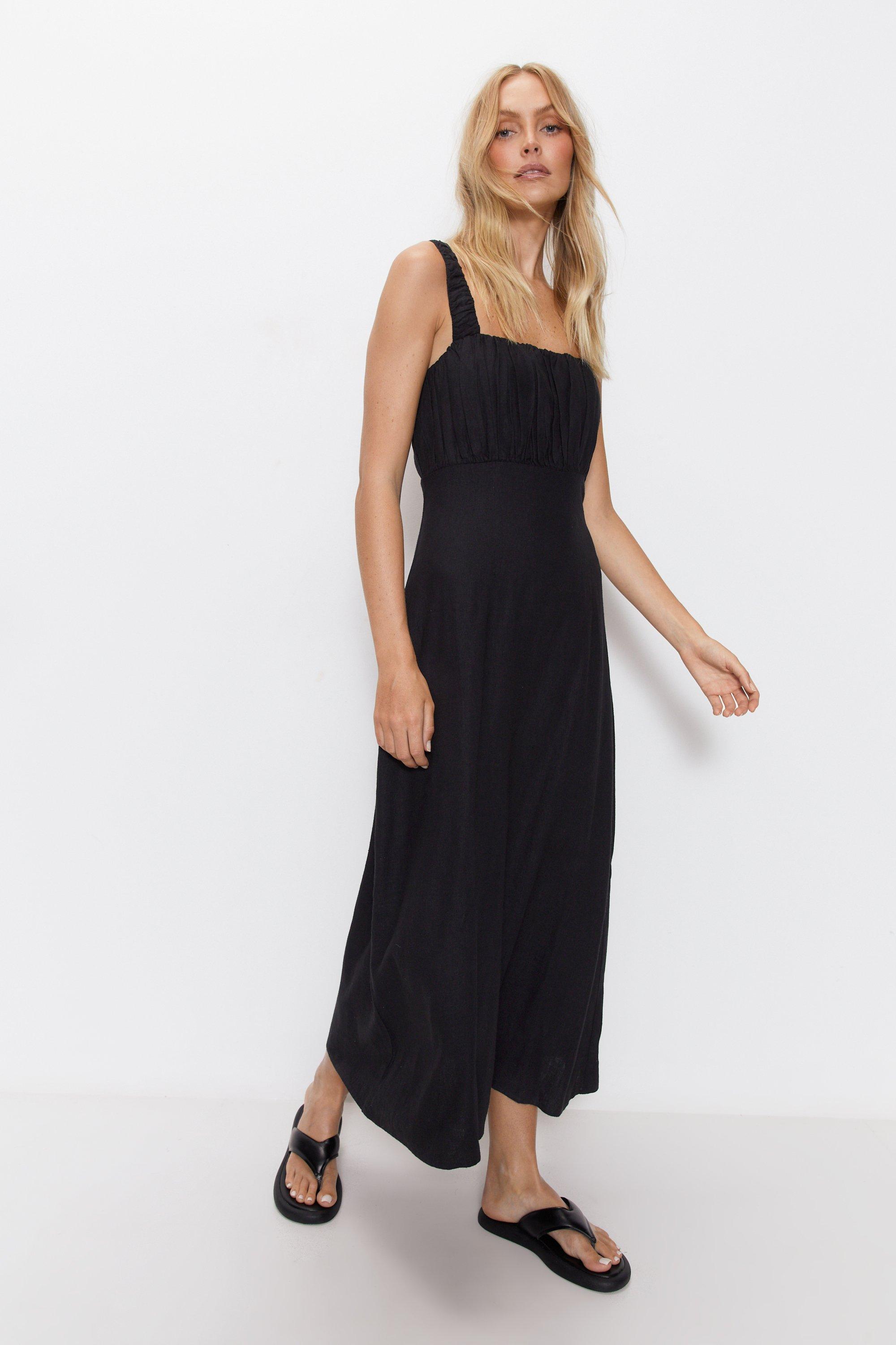 Womens Linen Ruched Detail Maxi Dress - black