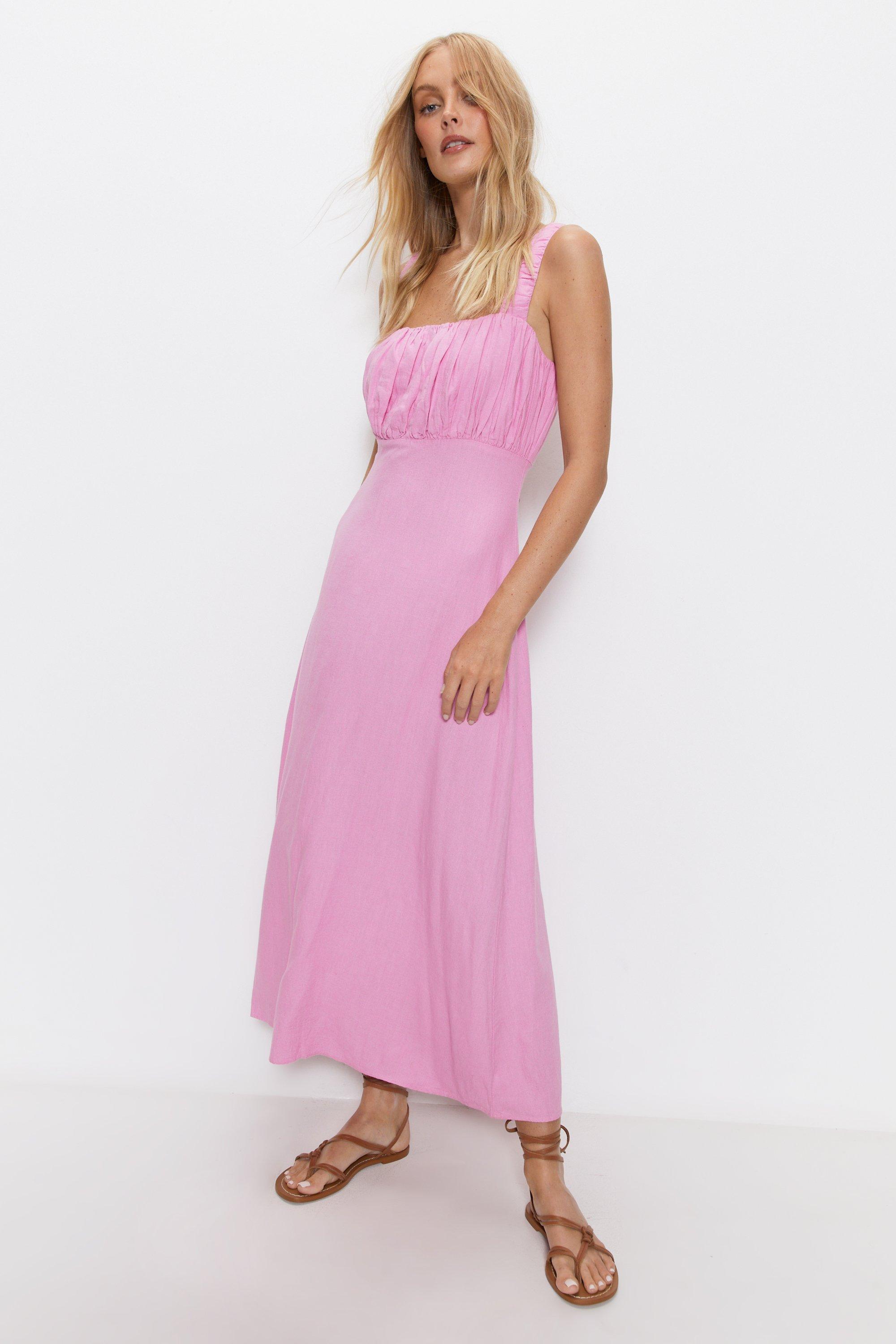 Womens Linen Ruched Detail Maxi Dress - pink