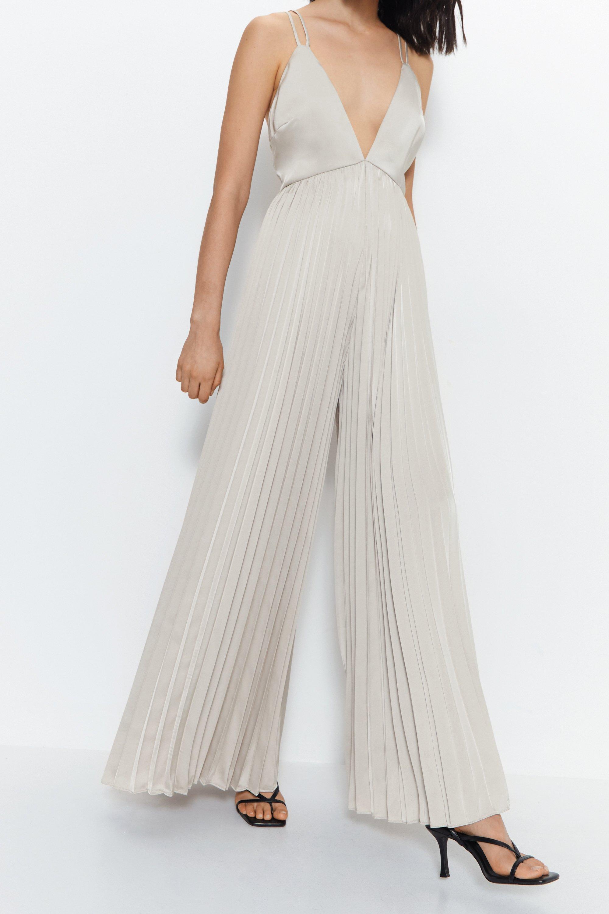 Womens Satin Pleated Wide Leg Jumpsuit - champagne
