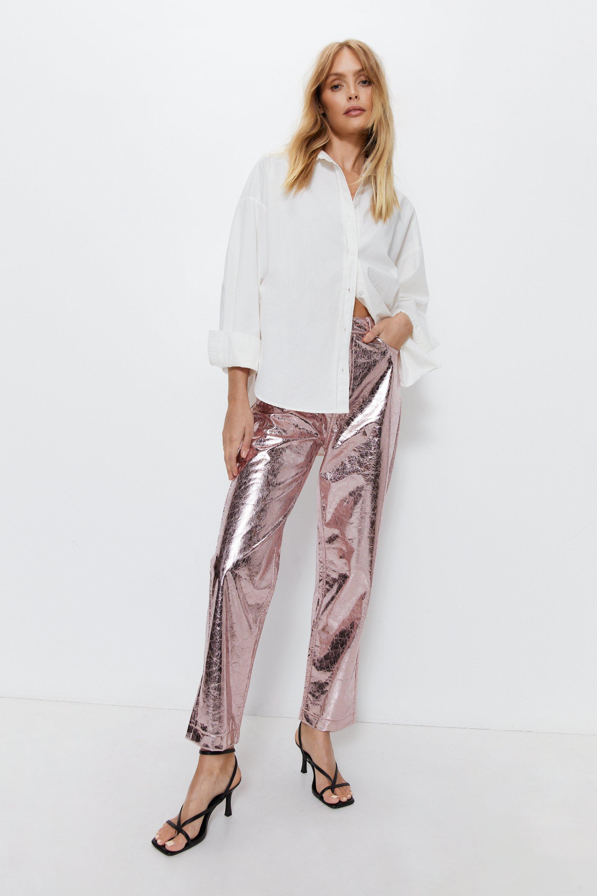 Womens Crackle Faux Leather Straight Leg Trouser - pink