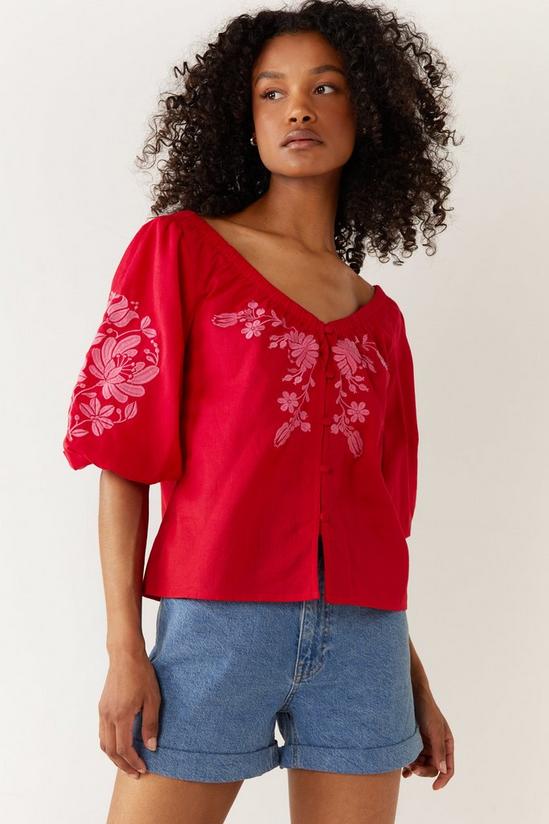Warehouse Embroidered Puff Sleeve Top 2