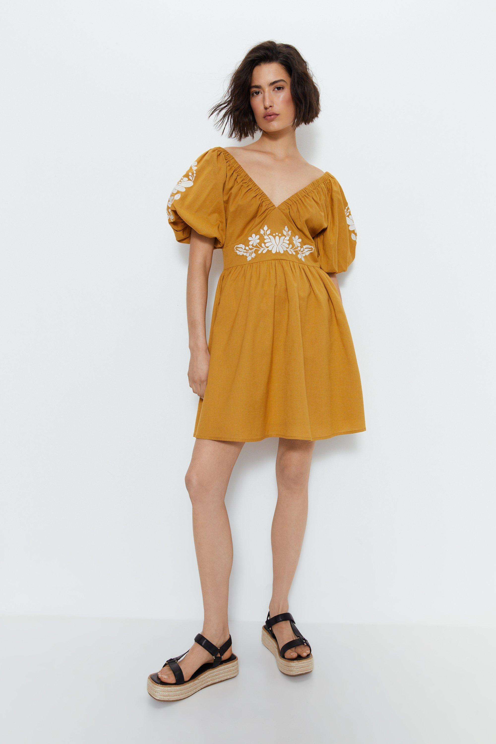 Womens Embroidered Puff Sleeve Mini Dress - ochre