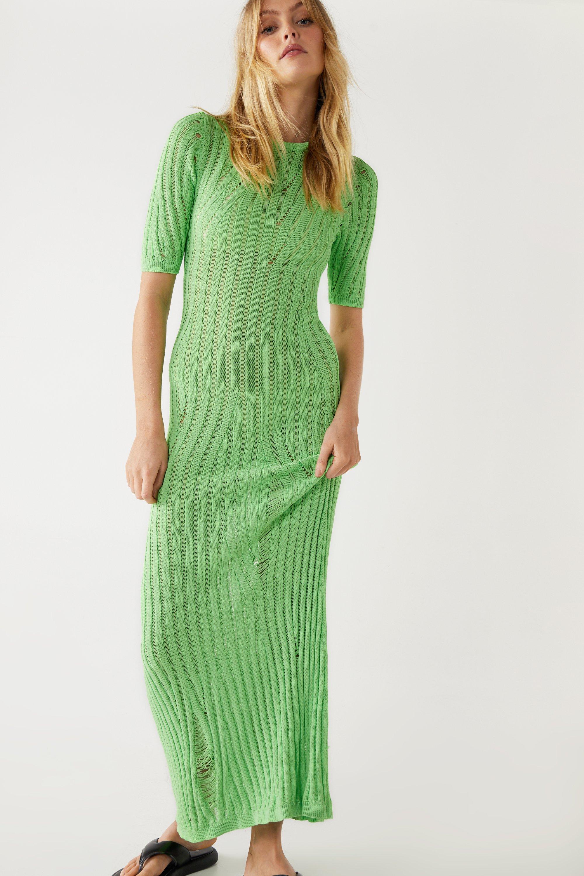 Womens Laddered Knit Maxi Dress - green