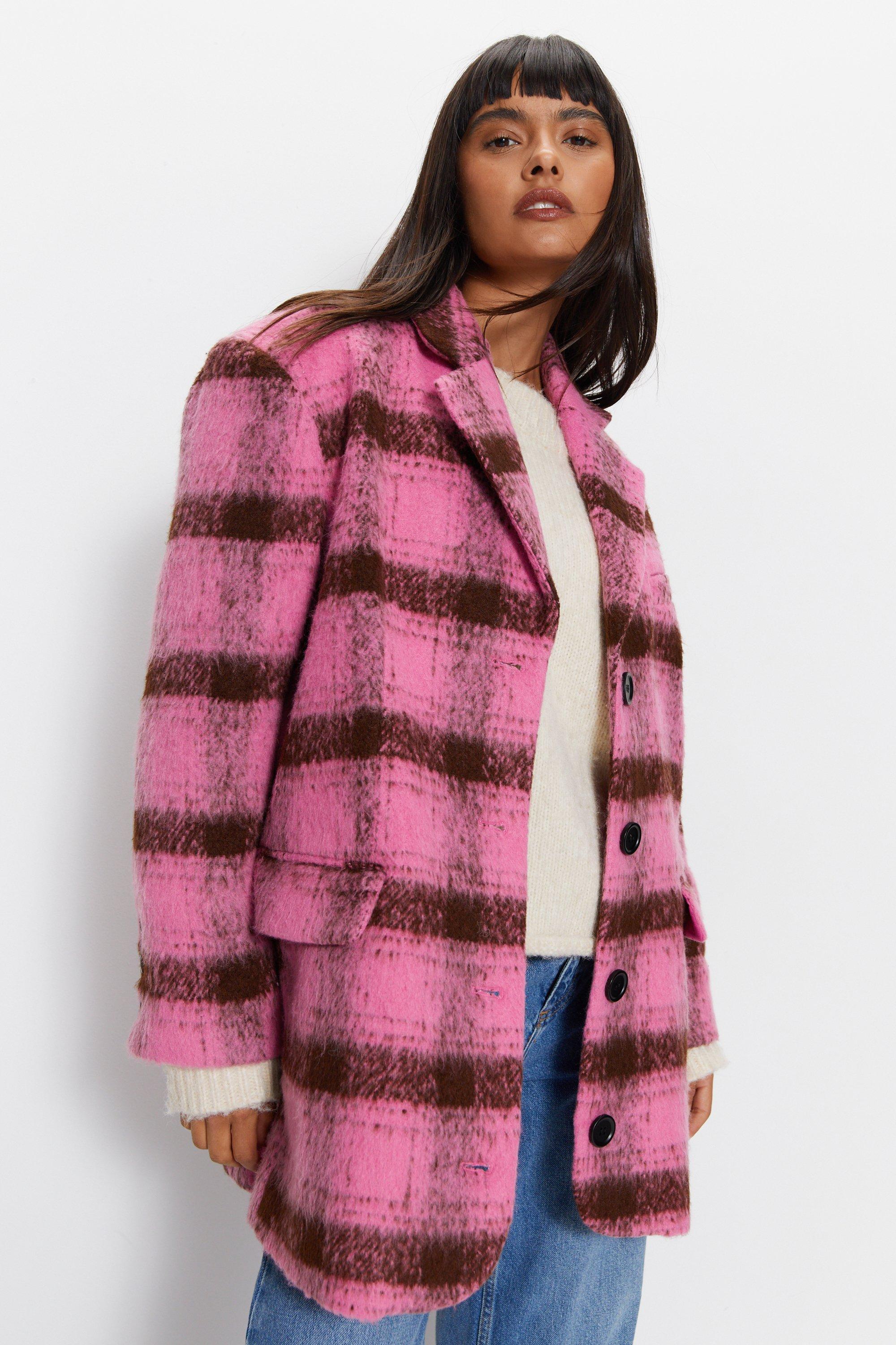 Womens Premium Brushed Check Blazer Coat - pink
