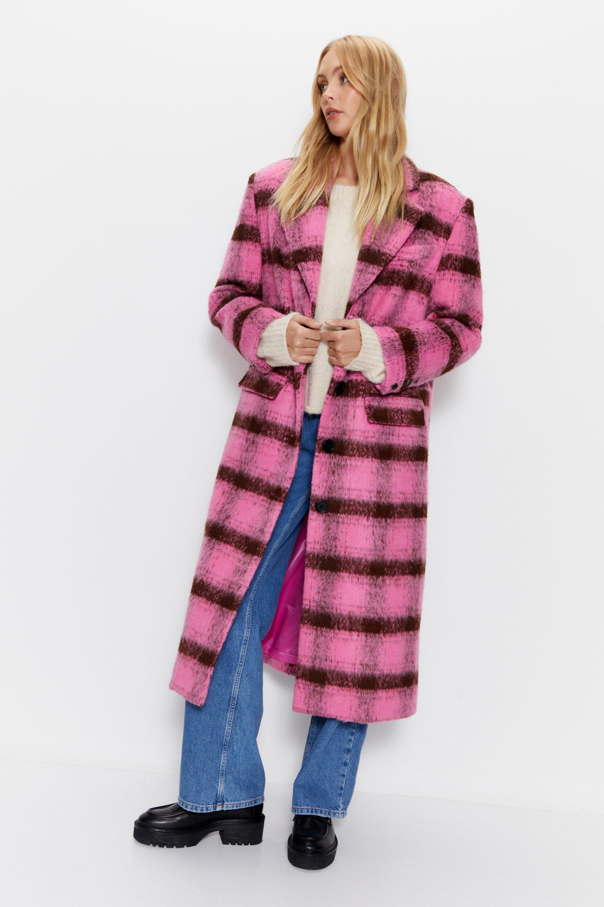 Womens Premium Brushed Check Tailored Coat - pink