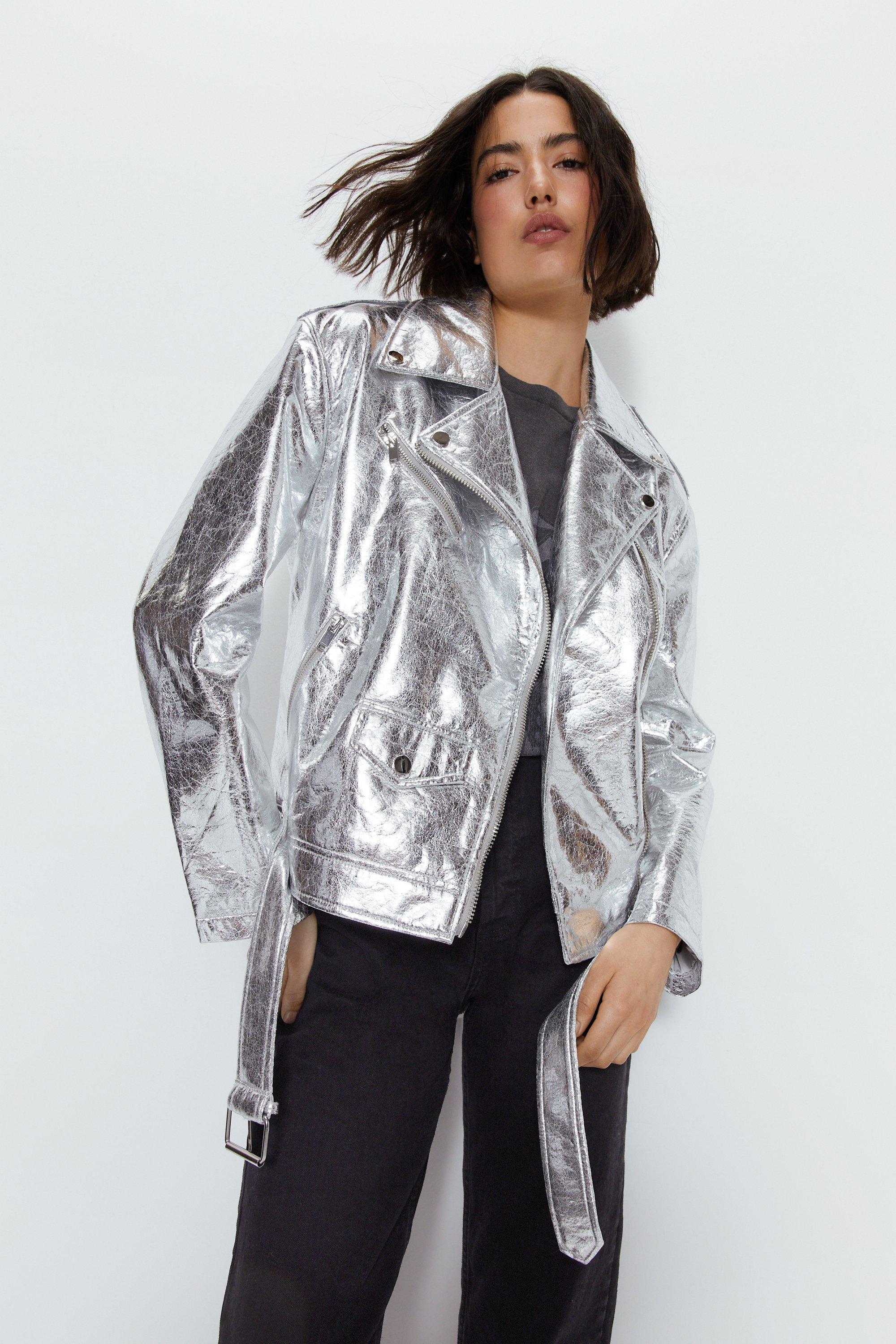 Metallic silver leather on sale jacket