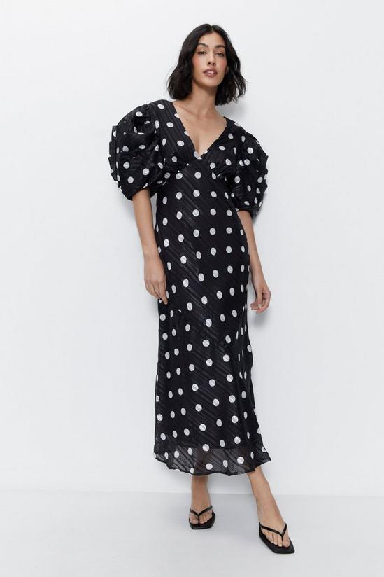 Warehouse Polka Dot Print Puff Sleeve V Neck Dress 1
