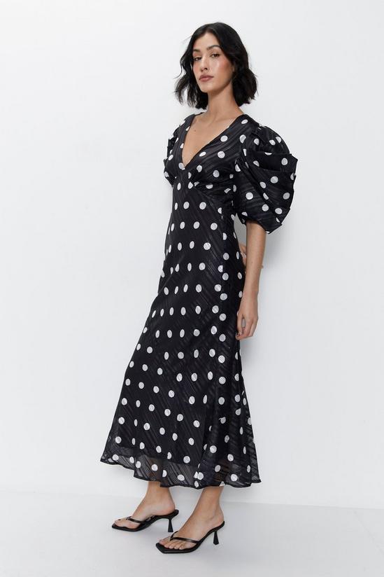 Warehouse Polka Dot Print Puff Sleeve V Neck Dress 3