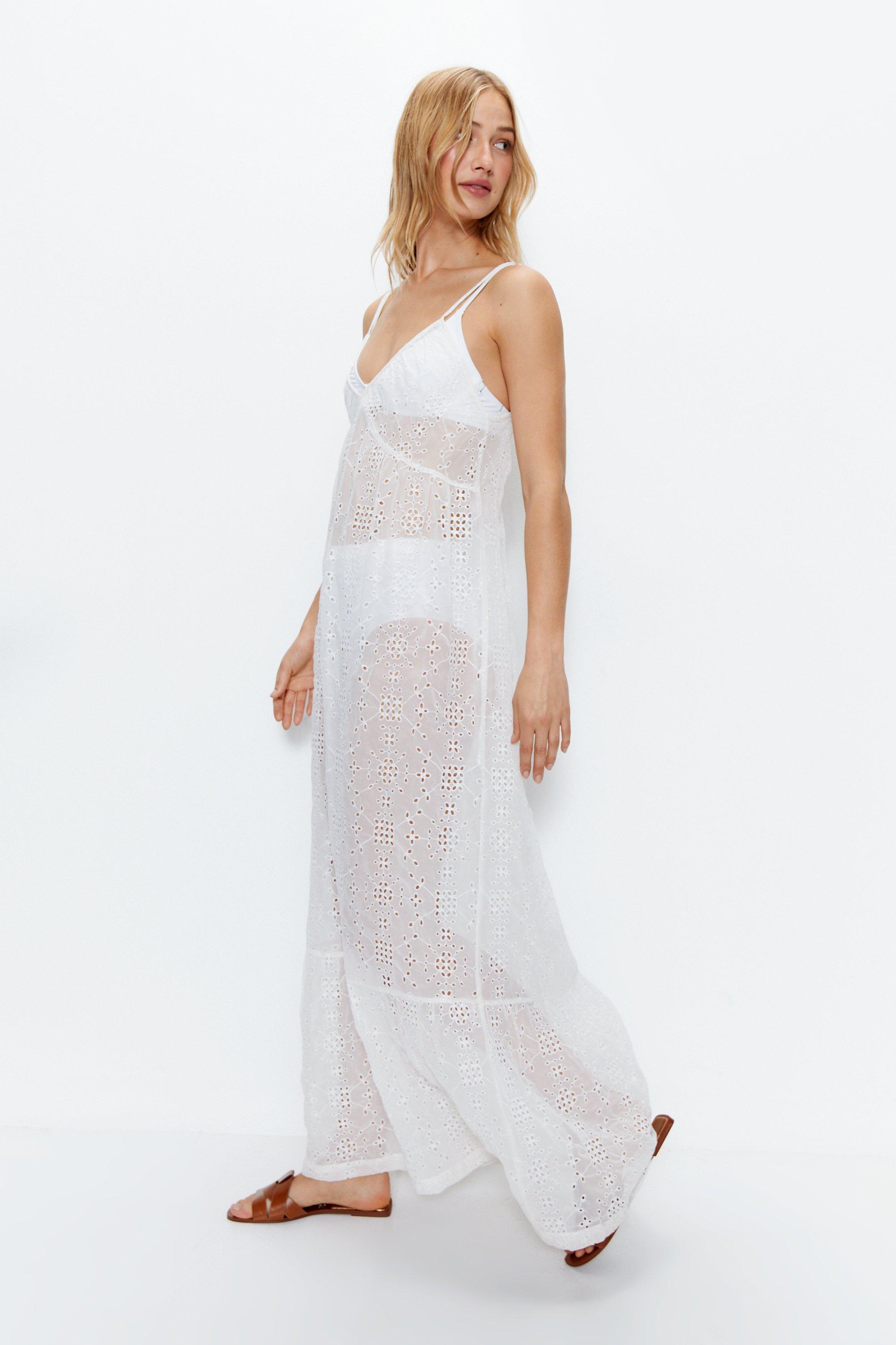 Womens Broderie Lace Trim Volume Maxi Beach Dress - white