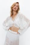 Warehouse Broderie Lace Trim Ruched Balloon Sleeve Beach Top thumbnail 1
