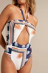 Warehouse Border Print Ruched Halter Neck Cut Out Swimsuit thumbnail 3