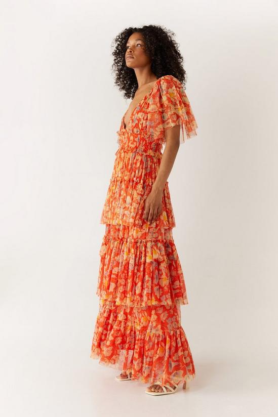 Warehouse Floral Printed Tulle Plunge V Neck Maxi Dress 3