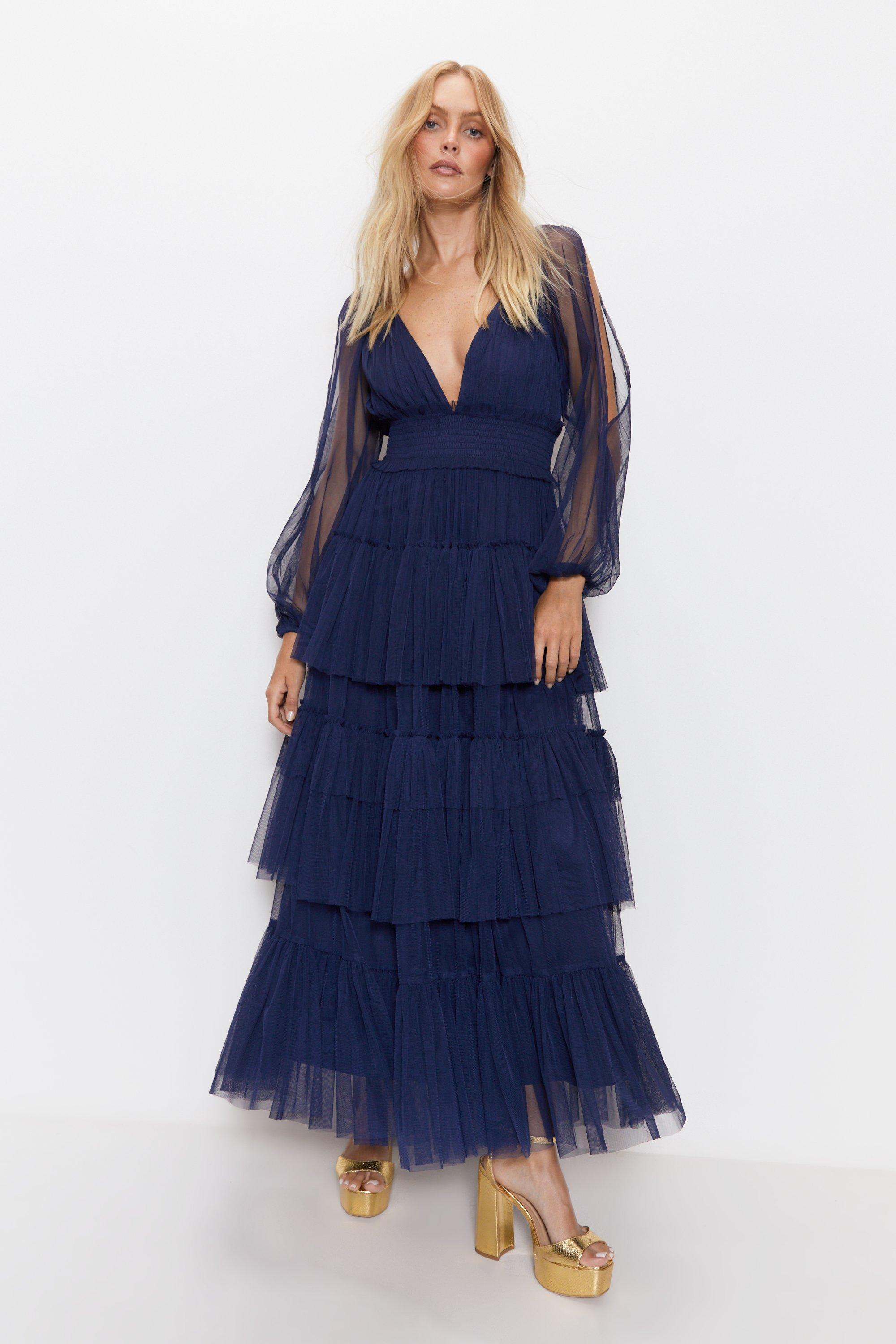 Womens Cold Shoulder Tulle Tiered Maxi Dress - navy