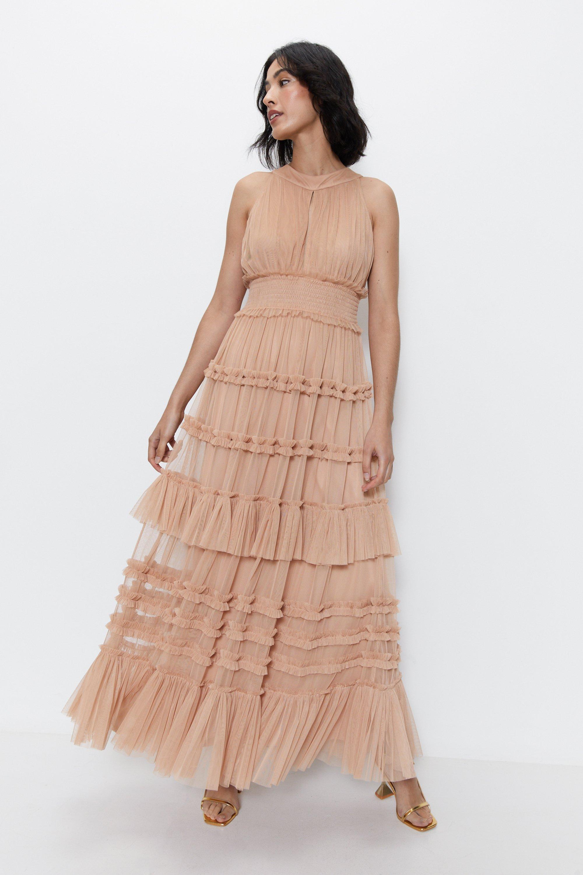 Dresses, Keyhole Halter Tulle Tiered Maxi Dress