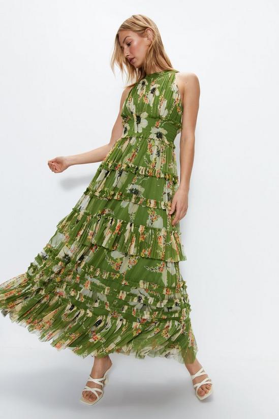 Warehouse Floral Printed Tulle Keyhole Halter Maxi Dress 1
