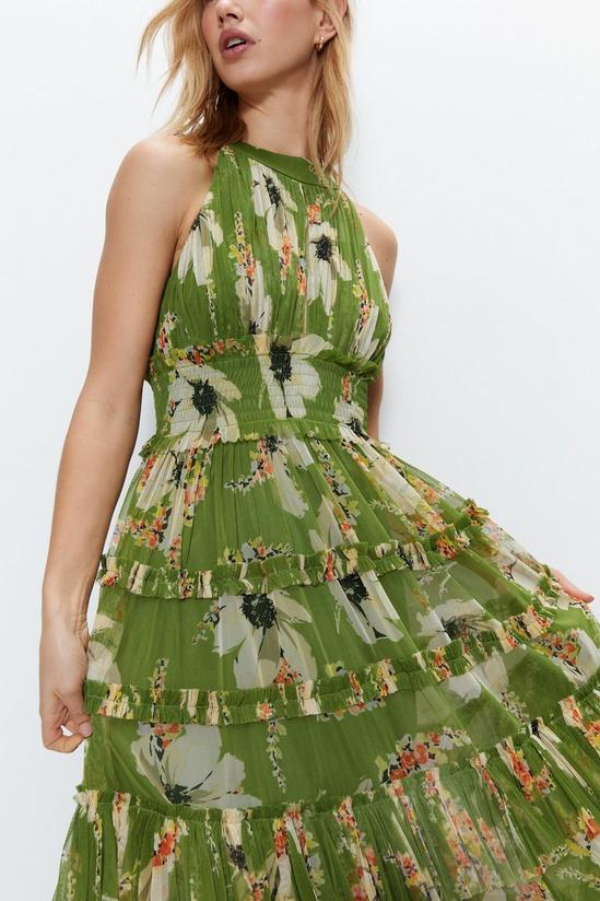 Warehouse Floral Printed Tulle Keyhole Halter Maxi Dress 2