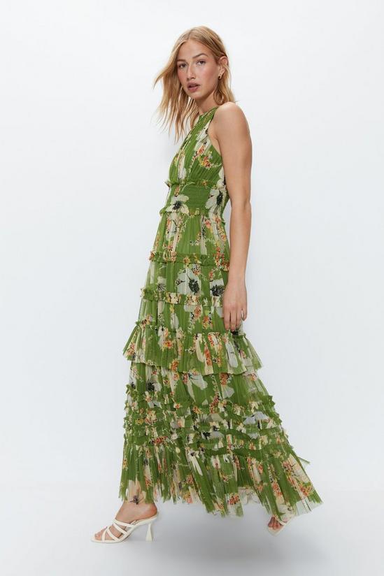 Warehouse Floral Printed Tulle Keyhole Halter Maxi Dress 3