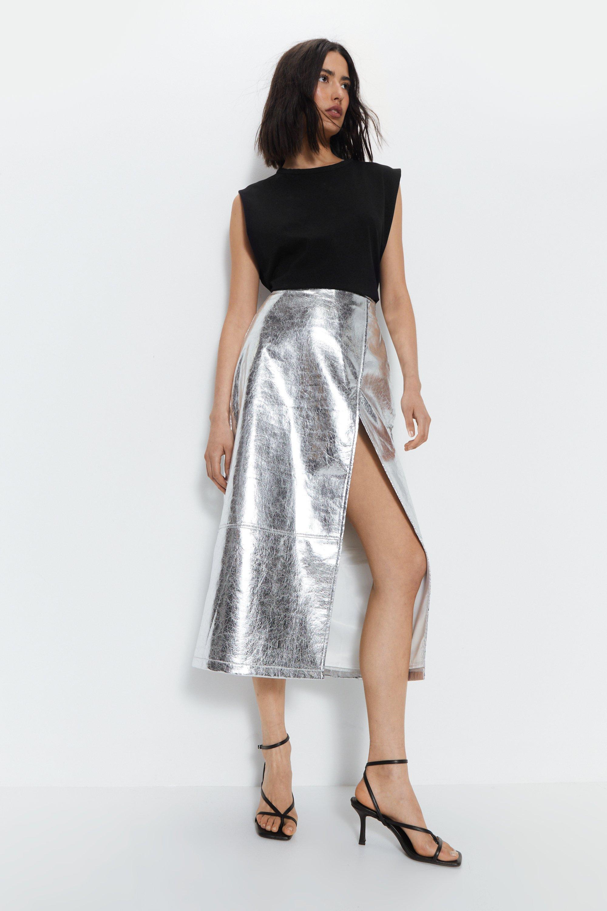 Womens Faux Leather Metallic Crackle Midi Skirt - silver