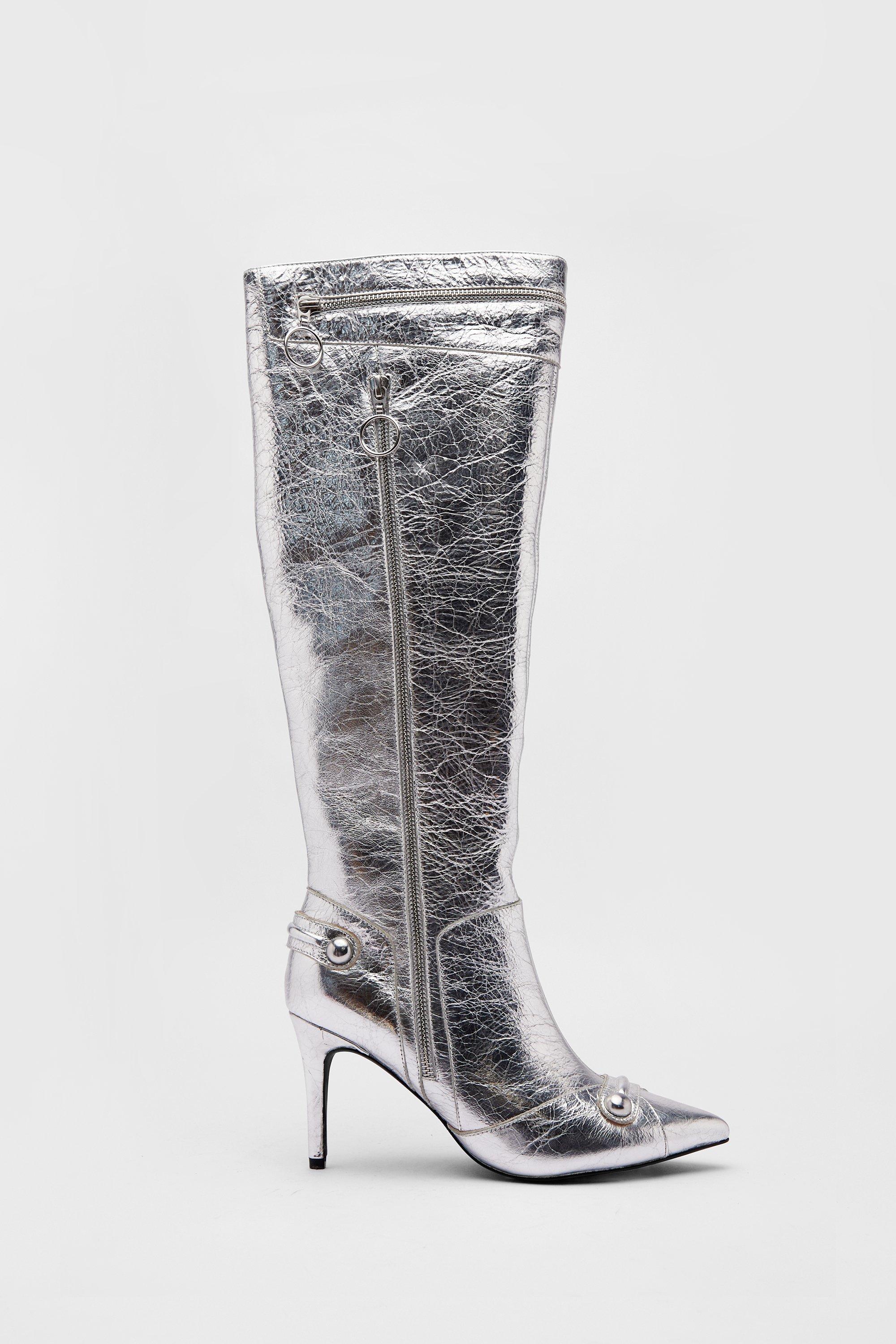 Womens Leather Metallic Zip & Stud Pointed Toe Knee High Boots - silver