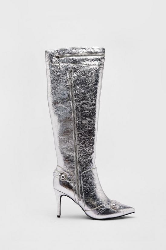 Warehouse Leather Metallic Zip & Stud Pointed Toe Knee High Boots 1