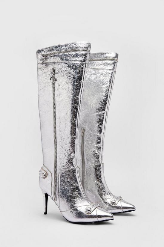 Warehouse Leather Metallic Zip & Stud Pointed Toe Knee High Boots 2