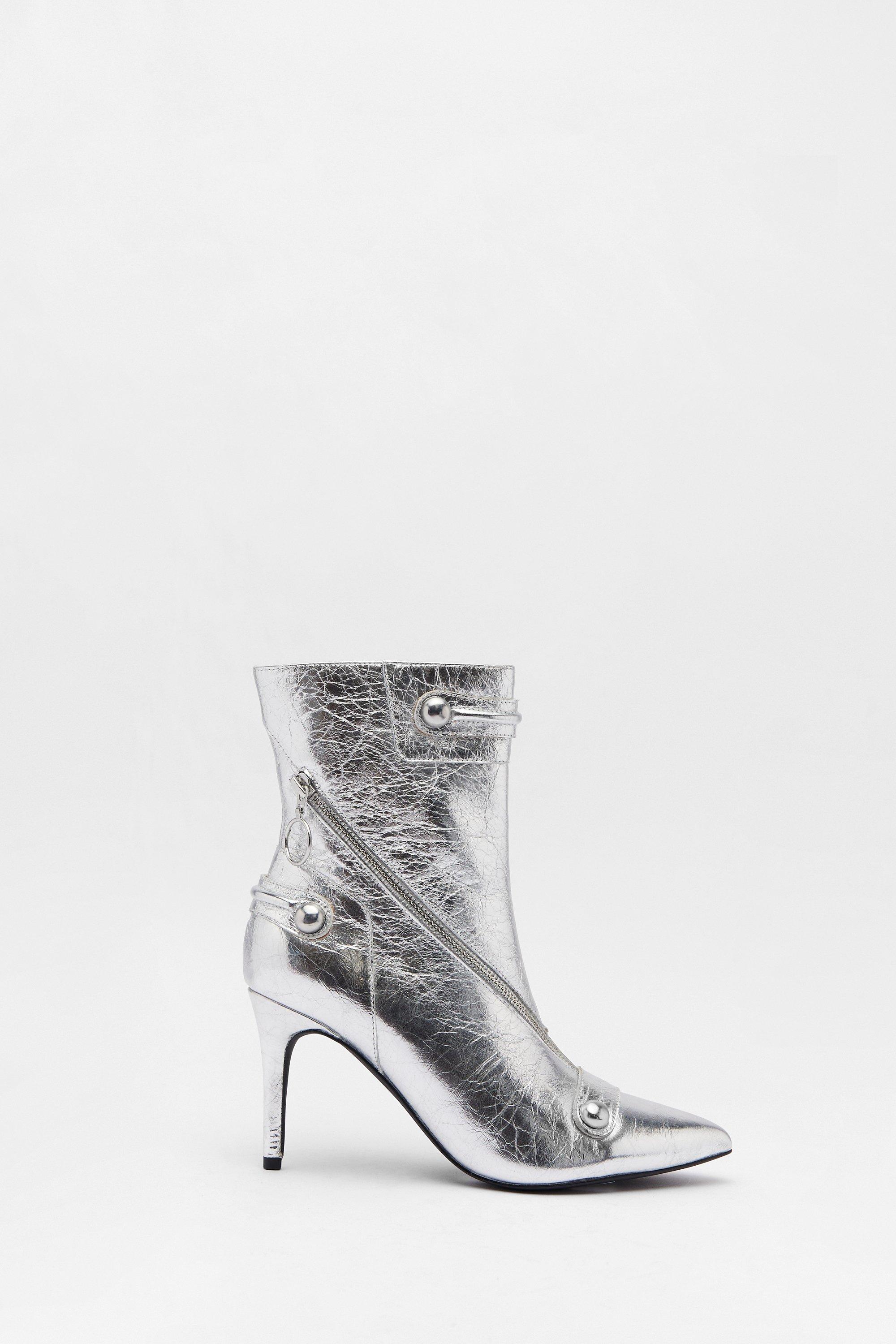 Womens Leather Metallic Zip & Stud Pointed Toe Ankle Boots - silver
