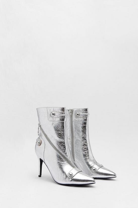 Warehouse Leather Metallic Zip & Stud Pointed Toe Ankle Boots 2