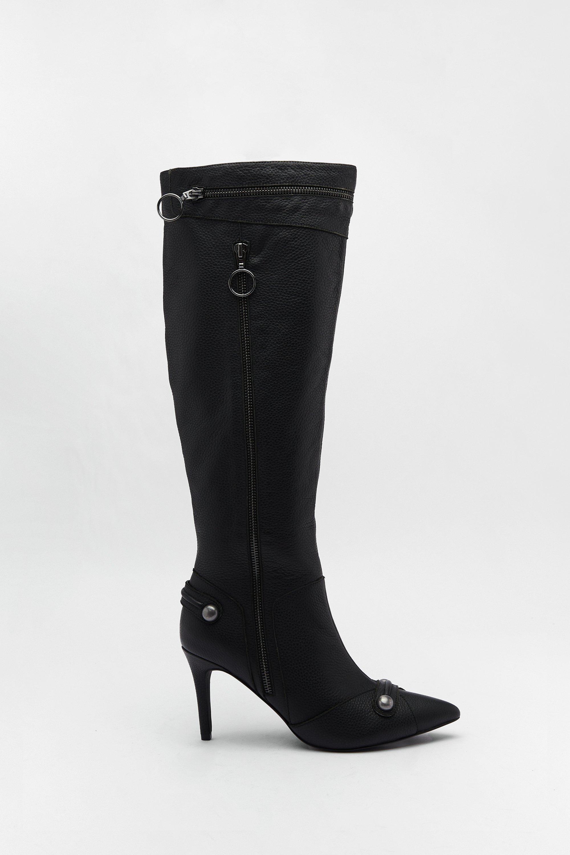 Womens Leather Zip & Stud Pointed Toe Knee High Boots - black